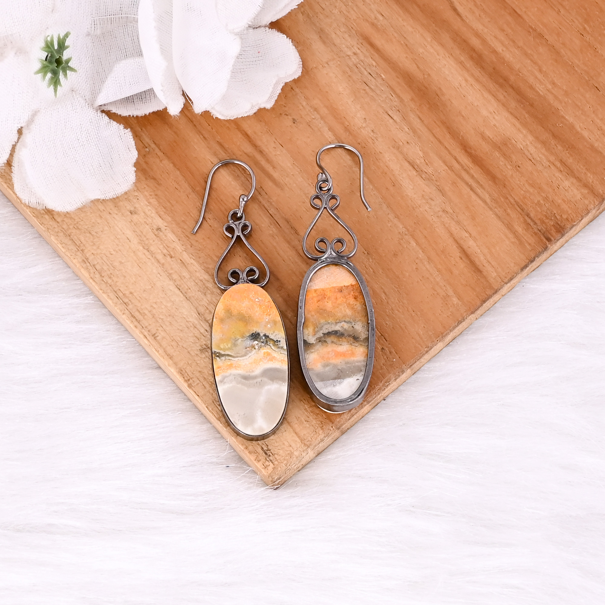 Black Ruthenium Brass Handmade Bumble Bee Jasper Oval Gemstone Dangle Earring Partywear Earrings