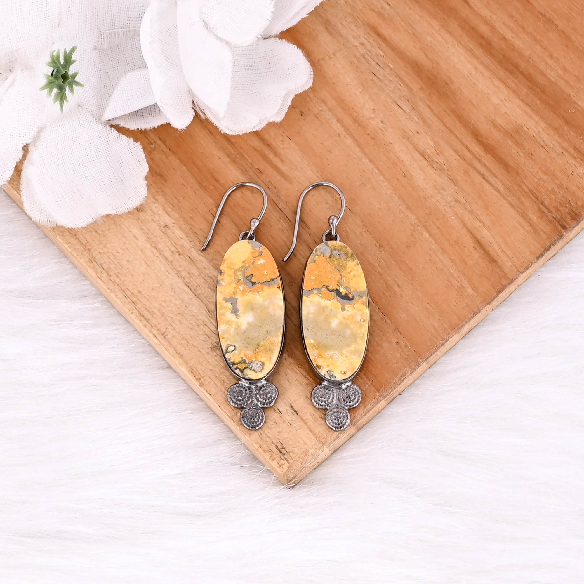 Black Ruthenium Brass Handmade Bumble Bee Jasper Oval Gemstone Dangle Earring Custom Earring Handmade Earring