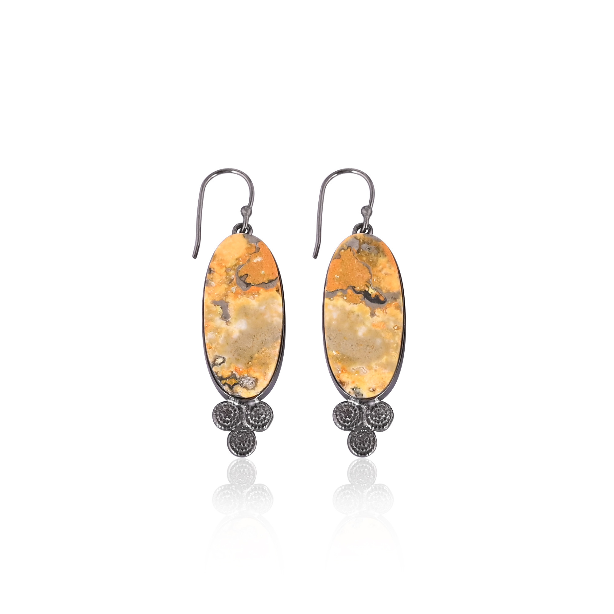 Black Ruthenium Brass Handmade Bumble Bee Jasper Oval Gemstone Dangle Earring Custom Earring Handmade Earring