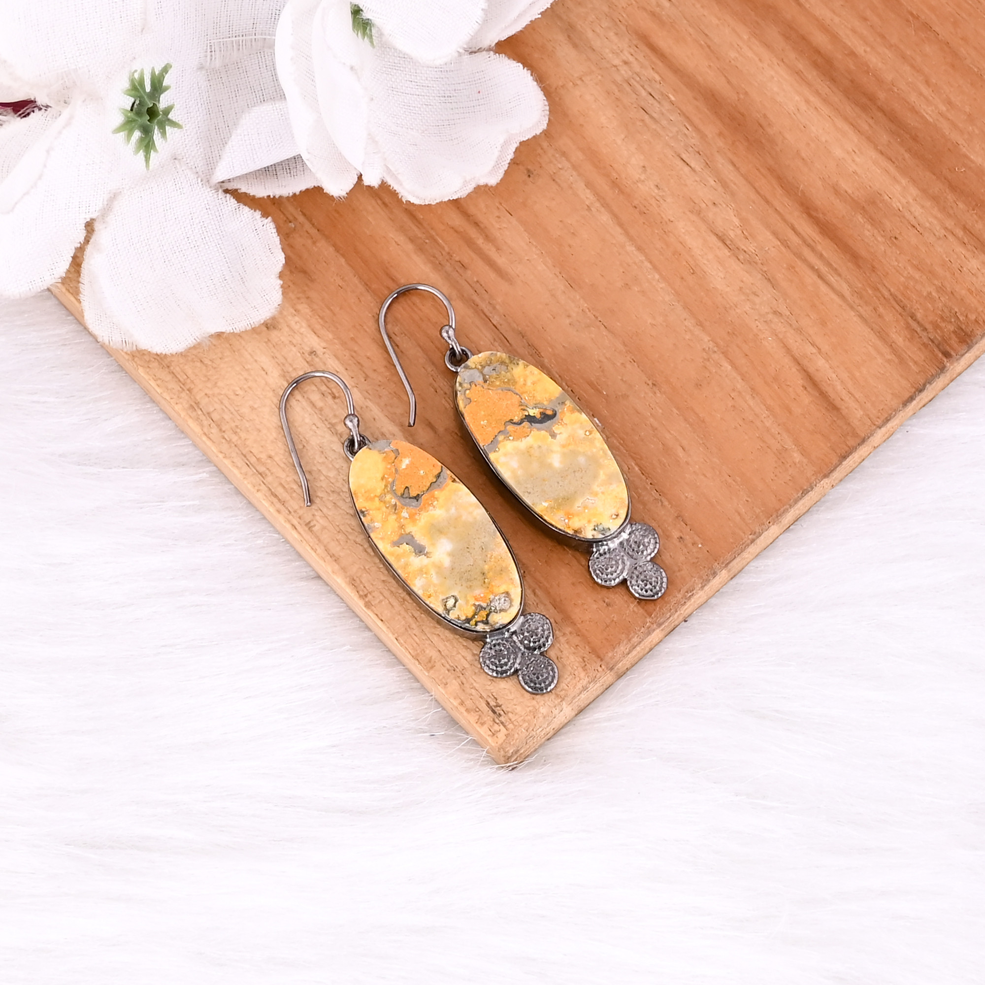 Black Ruthenium Brass Handmade Bumble Bee Jasper Oval Gemstone Dangle Earring Custom Earring Handmade Earring
