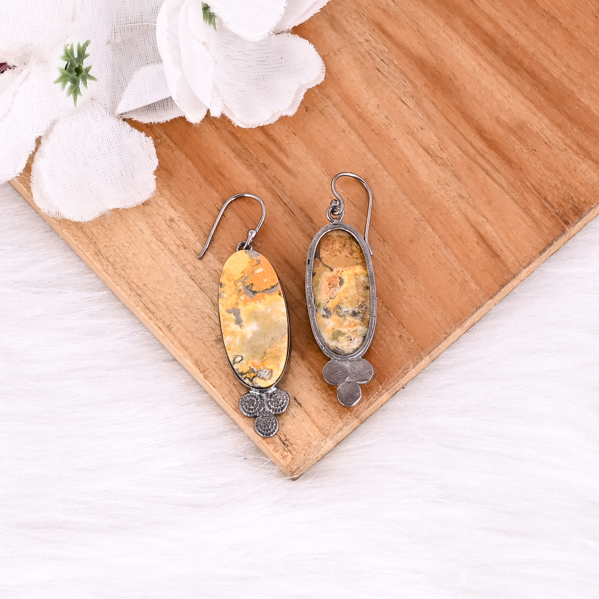 Black Ruthenium Brass Handmade Bumble Bee Jasper Oval Gemstone Dangle Earring Custom Earring Handmade Earring