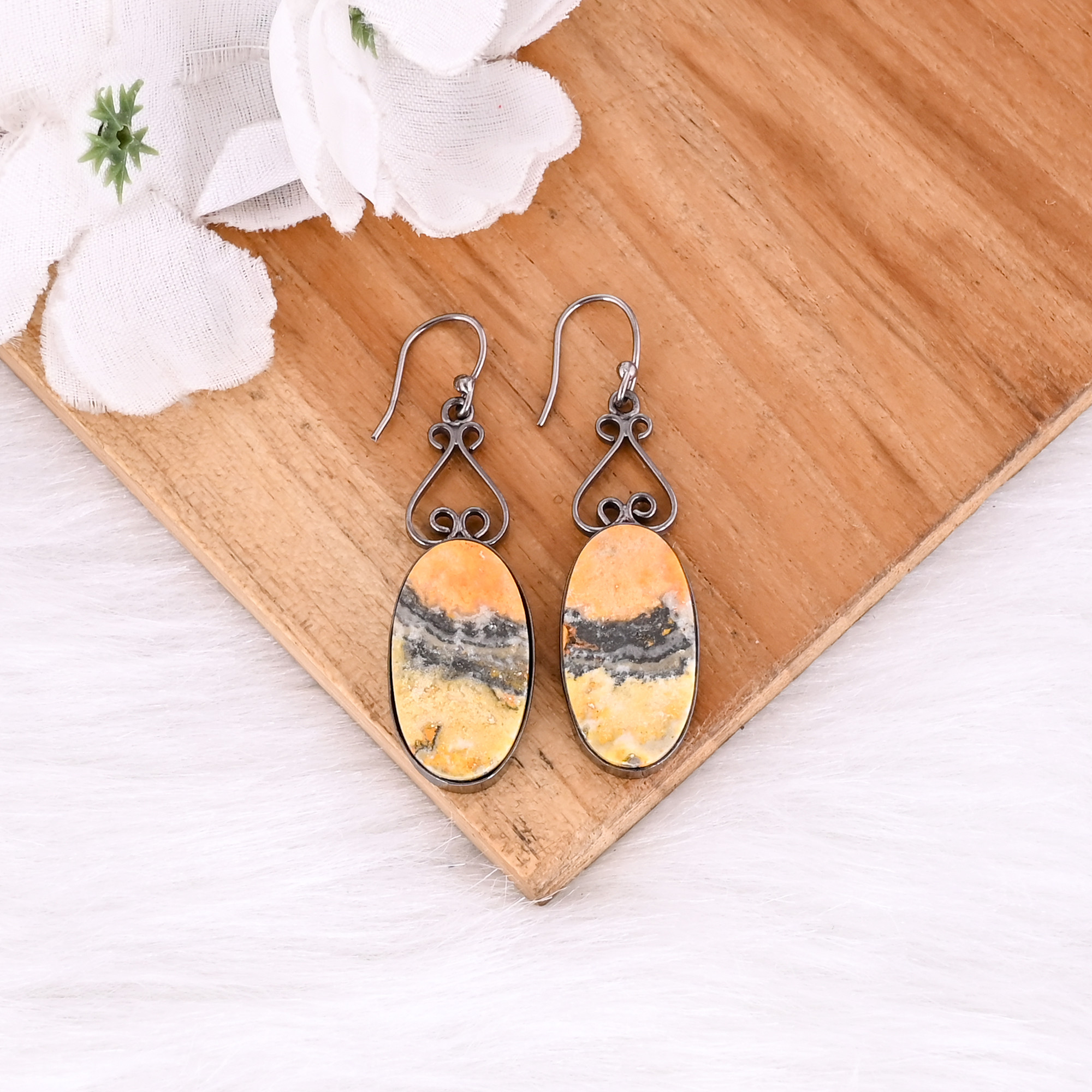 Black Ruthenium Brass Handmade Bumble Bee Jasper Oval Gemstone Dangle Earring Partywear Earring