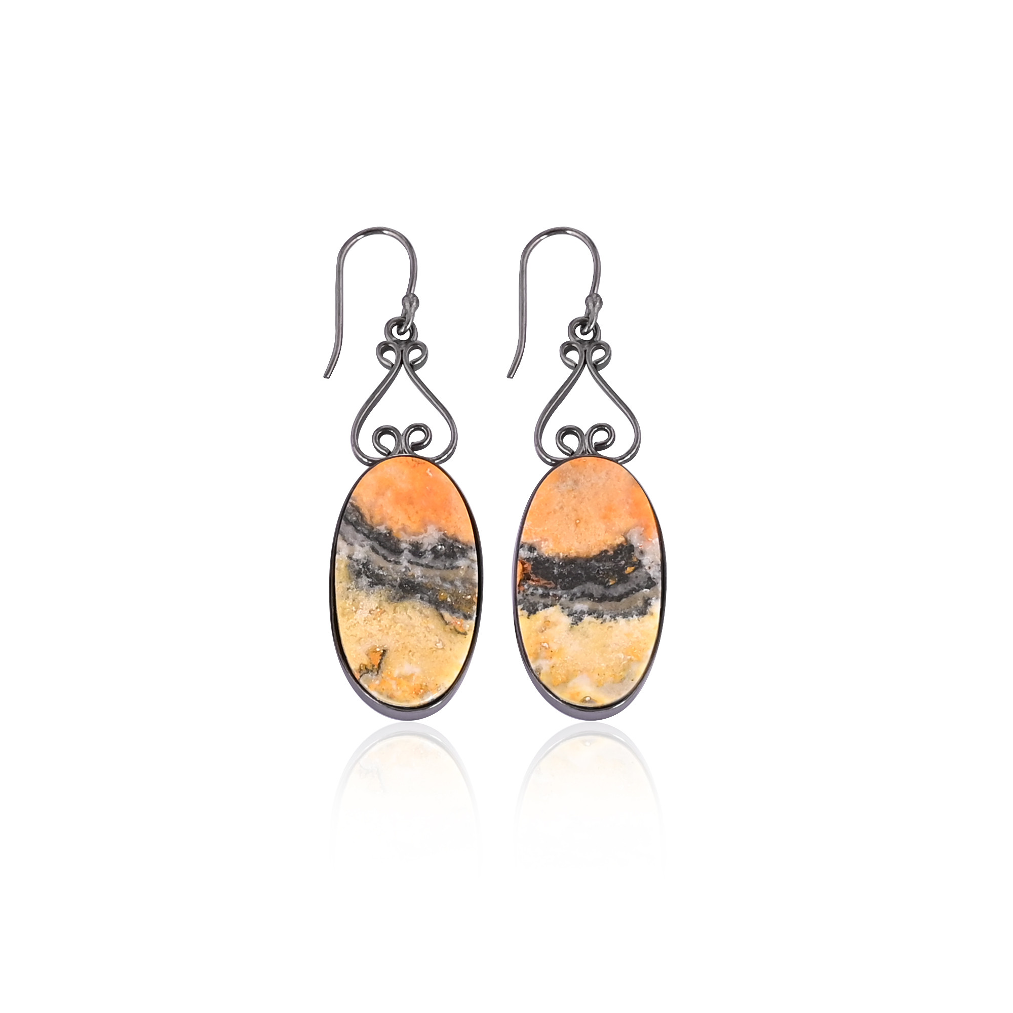 Black Ruthenium Brass Handmade Bumble Bee Jasper Oval Gemstone Dangle Earring Partywear Earring