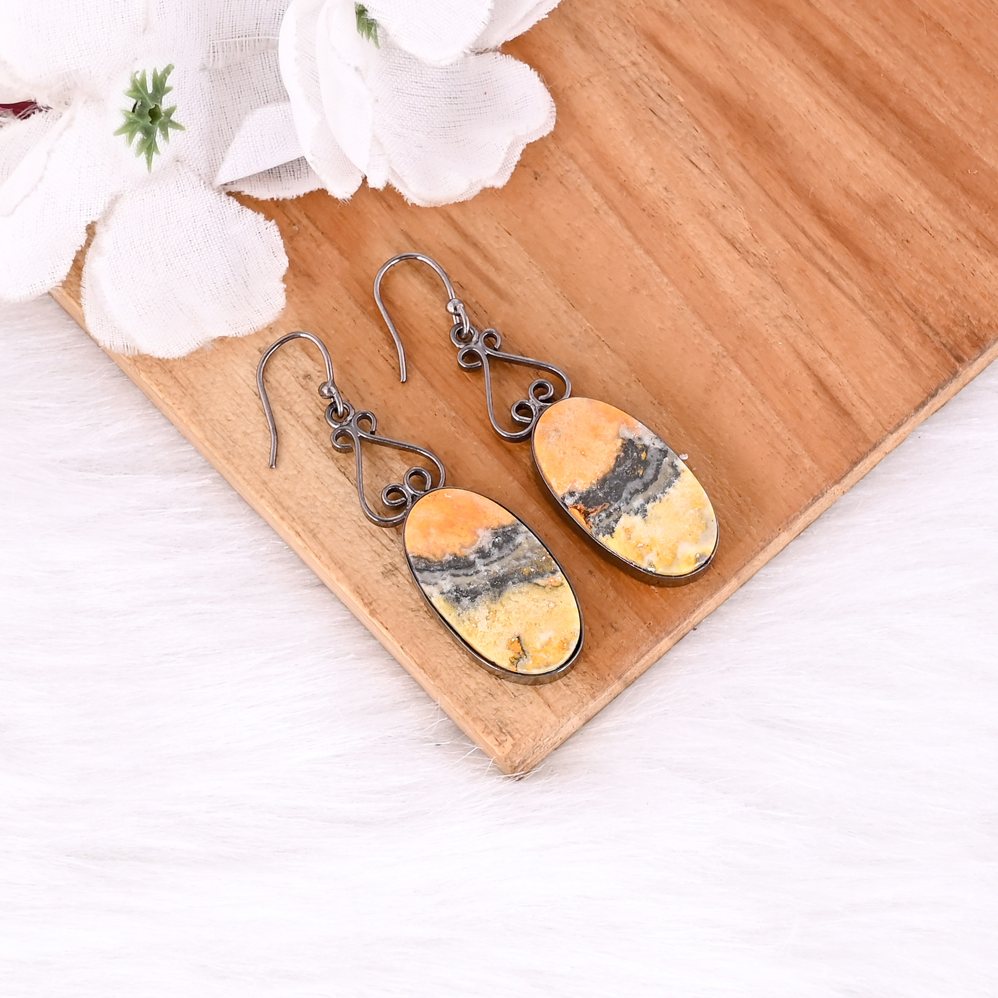 Black Ruthenium Brass Handmade Bumble Bee Jasper Oval Gemstone Dangle Earring Partywear Earring