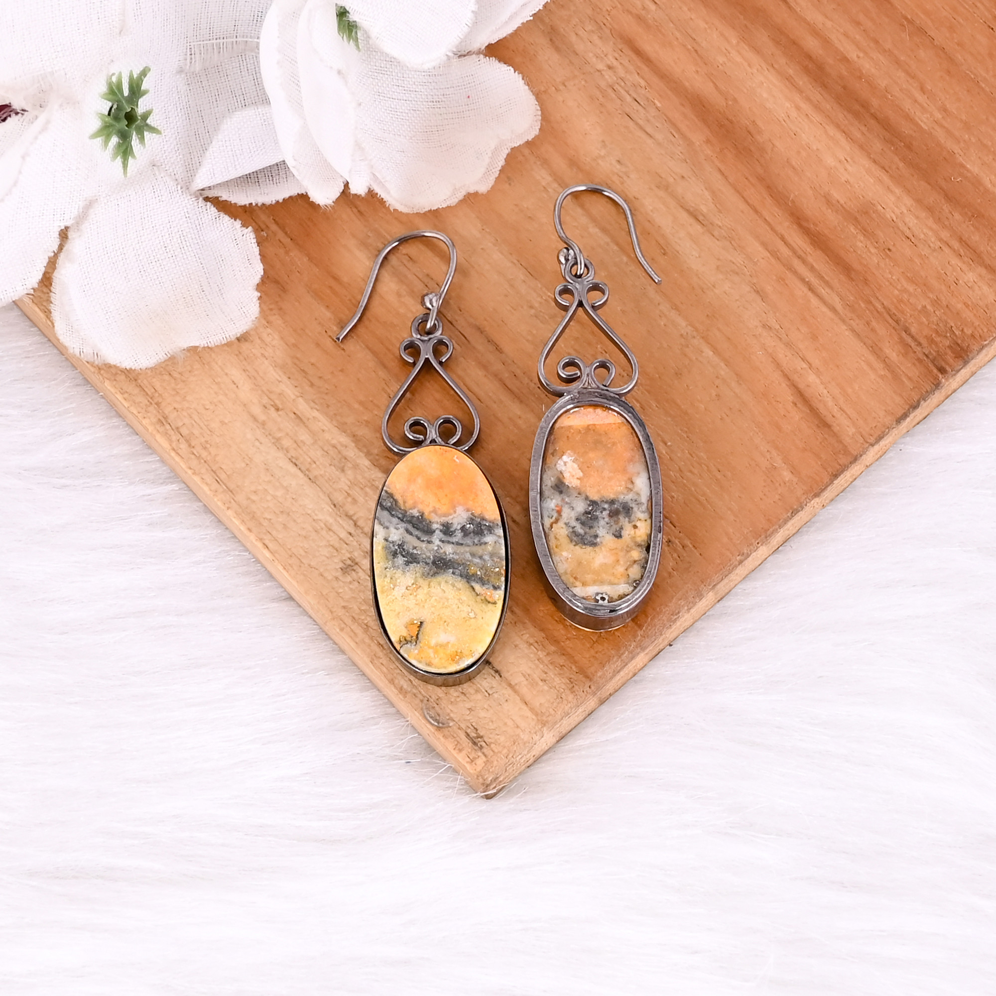 Black Ruthenium Brass Handmade Bumble Bee Jasper Oval Gemstone Dangle Earring Partywear Earring