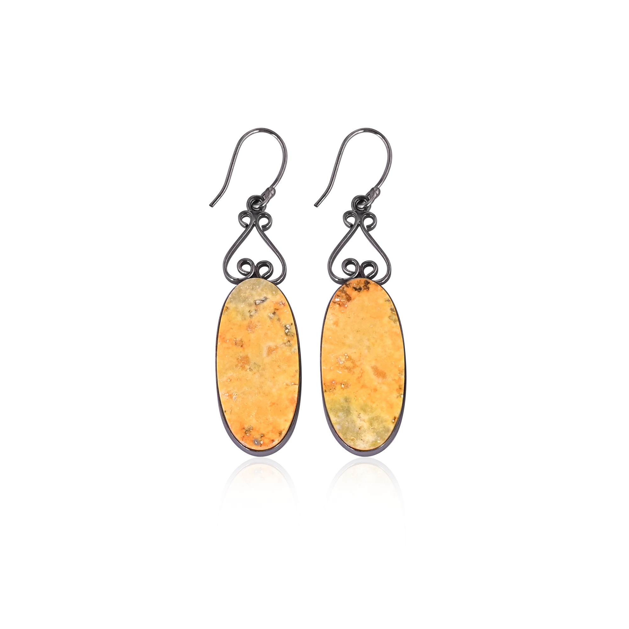 Black Ruthenium Brass Handmade Bumble Bee Jasper Oval Gemstone Dangle Earring Wholesale Jewelry