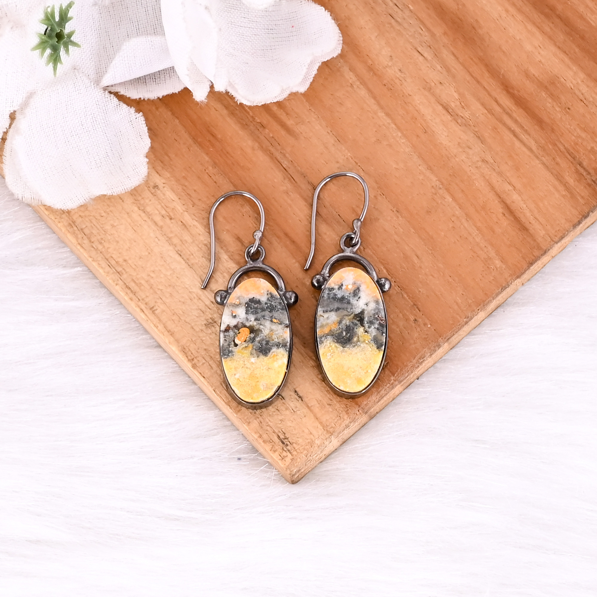 Black Ruthenium Brass Handmade Bumble Bee Jasper Oval Gemstone Dangle Earring Custom Jewelry