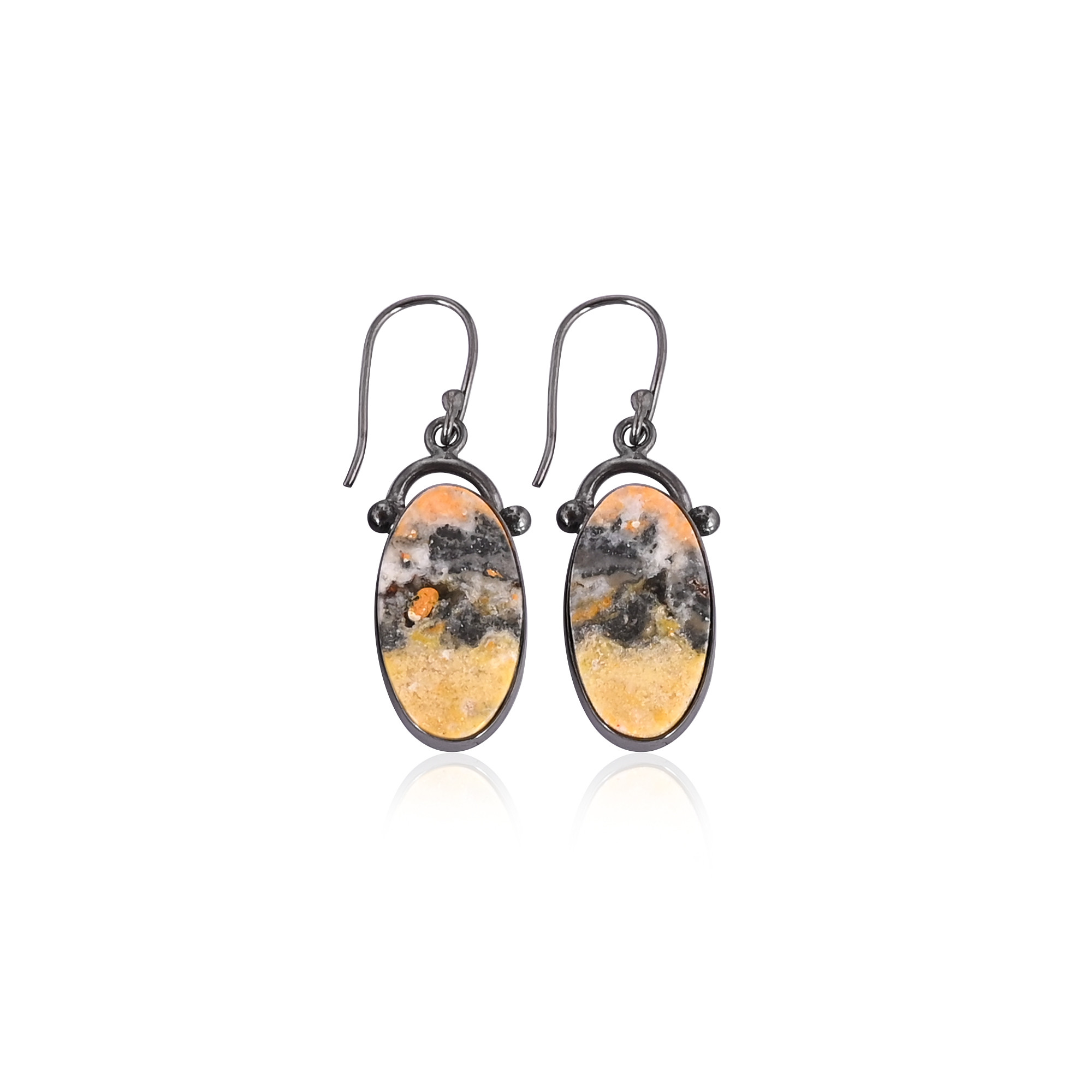 Black Ruthenium Brass Handmade Bumble Bee Jasper Oval Gemstone Dangle Earring Custom Jewelry