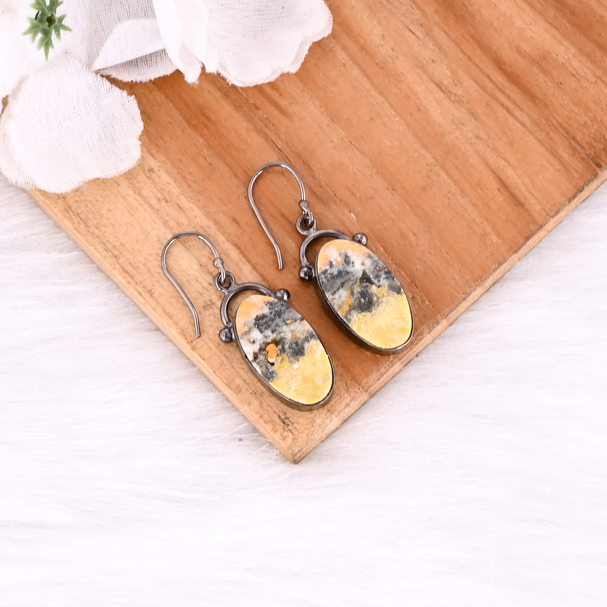 Black Ruthenium Brass Handmade Bumble Bee Jasper Oval Gemstone Dangle Earring Custom Jewelry