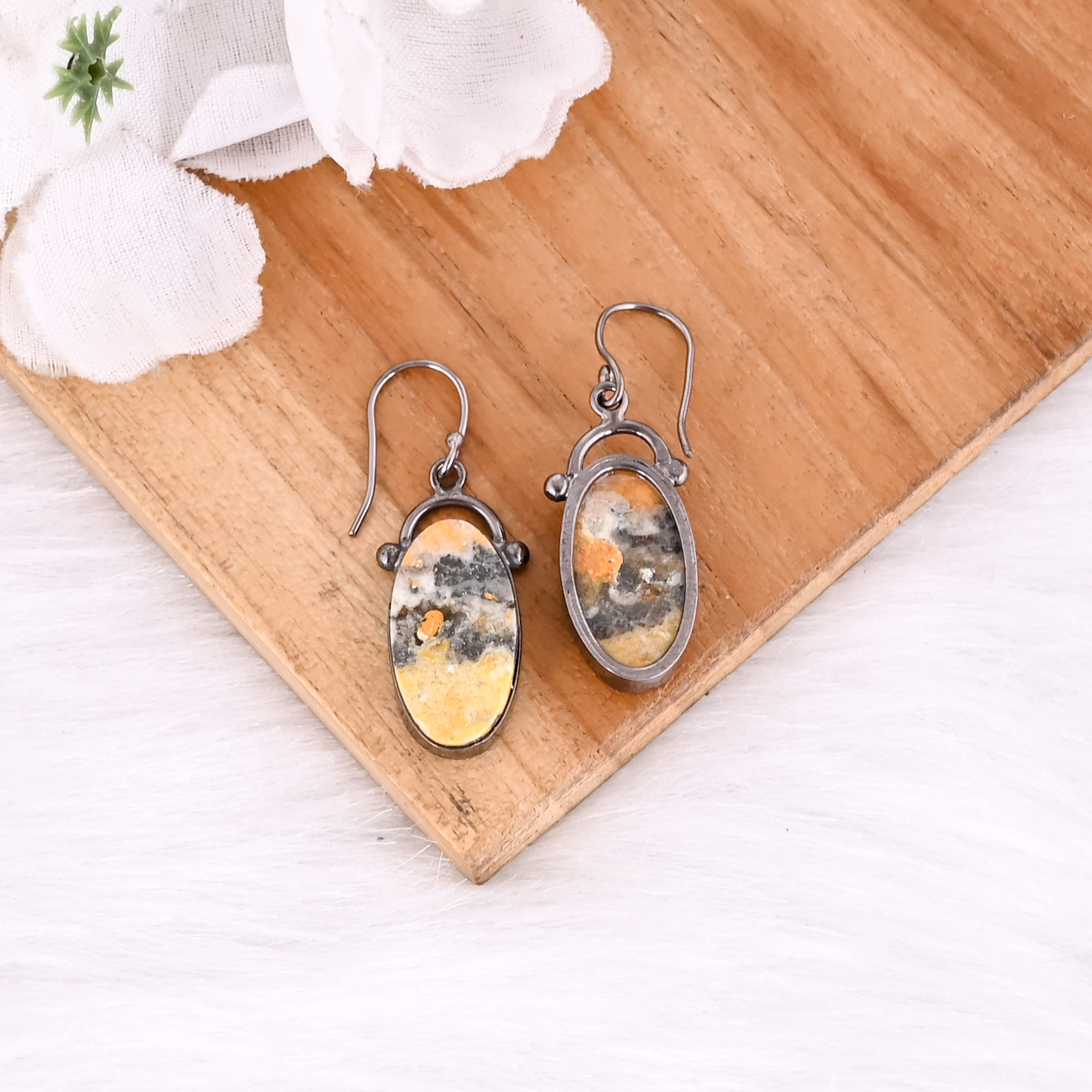 Black Ruthenium Brass Handmade Bumble Bee Jasper Oval Gemstone Dangle Earring Custom Jewelry