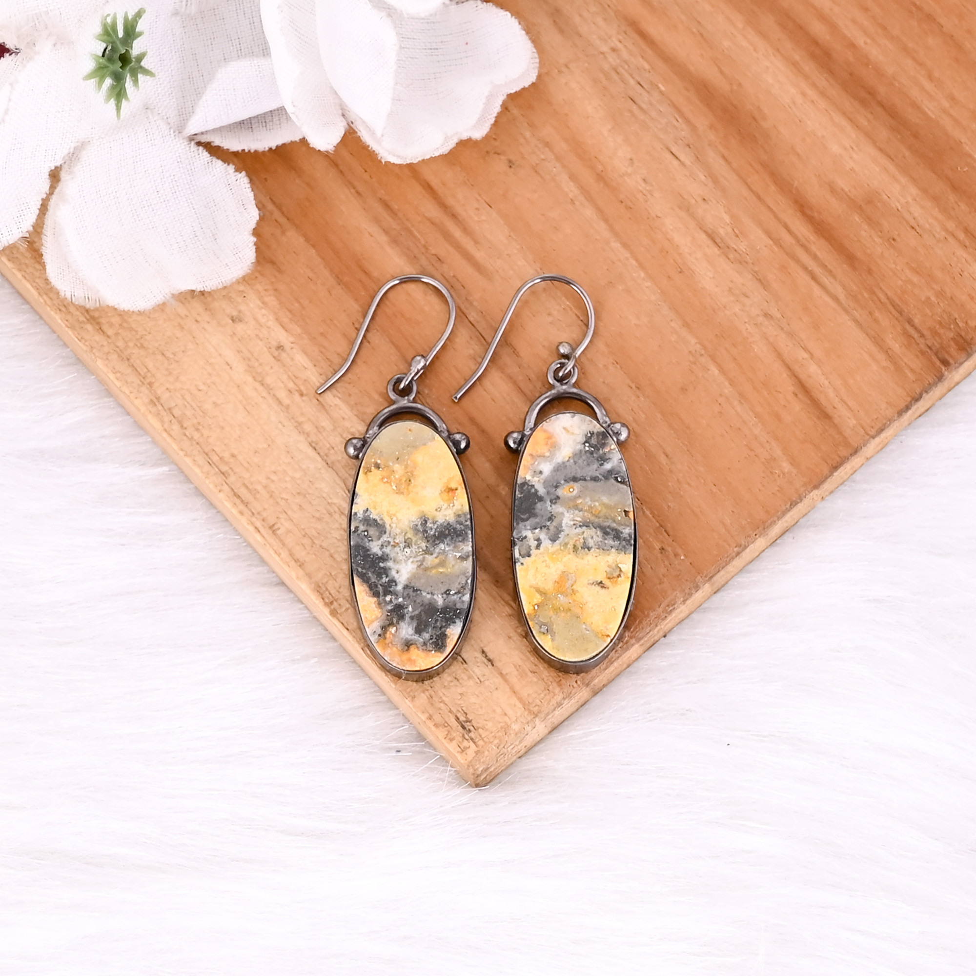 Black Ruthenium Brass Handmade Bumble Bee Jasper Long Oval Gemstone Dangle Earring