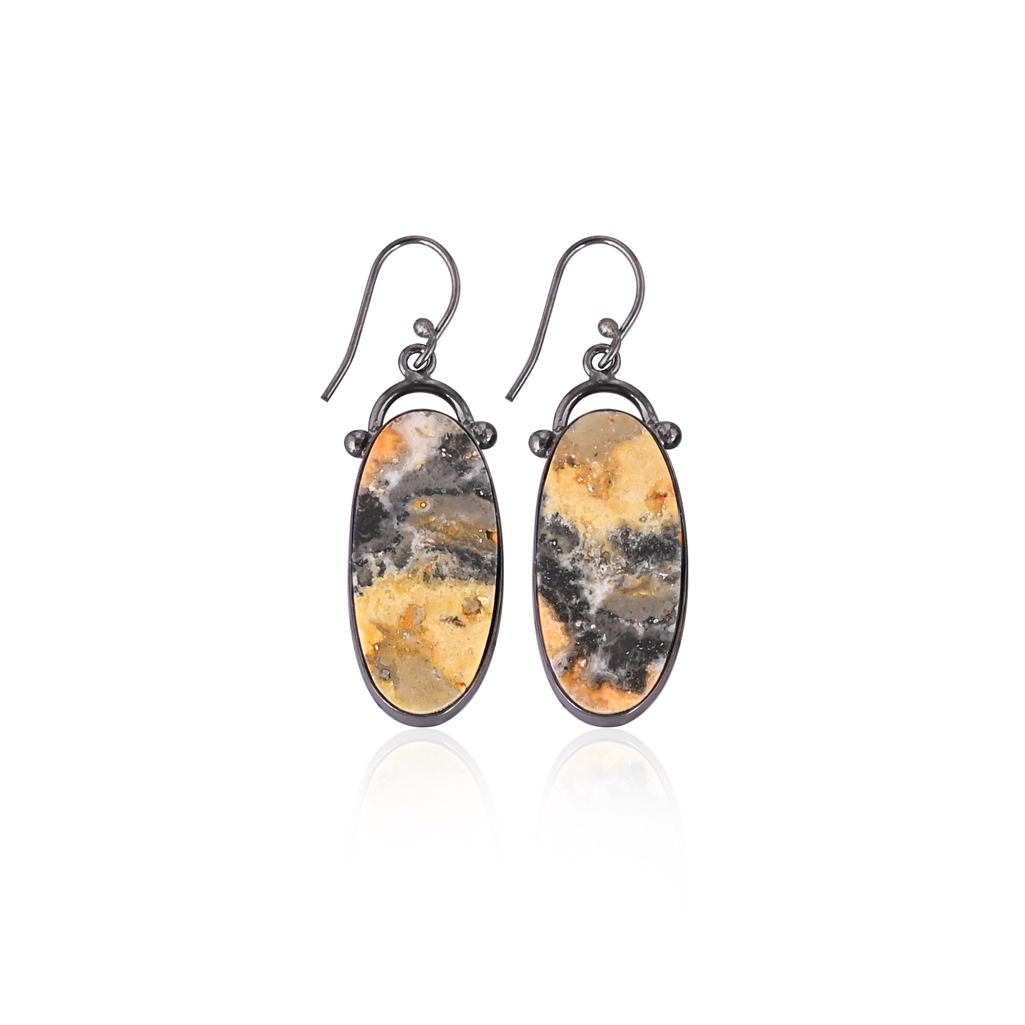 Black Ruthenium Brass Handmade Bumble Bee Jasper Long Oval Gemstone Dangle Earring