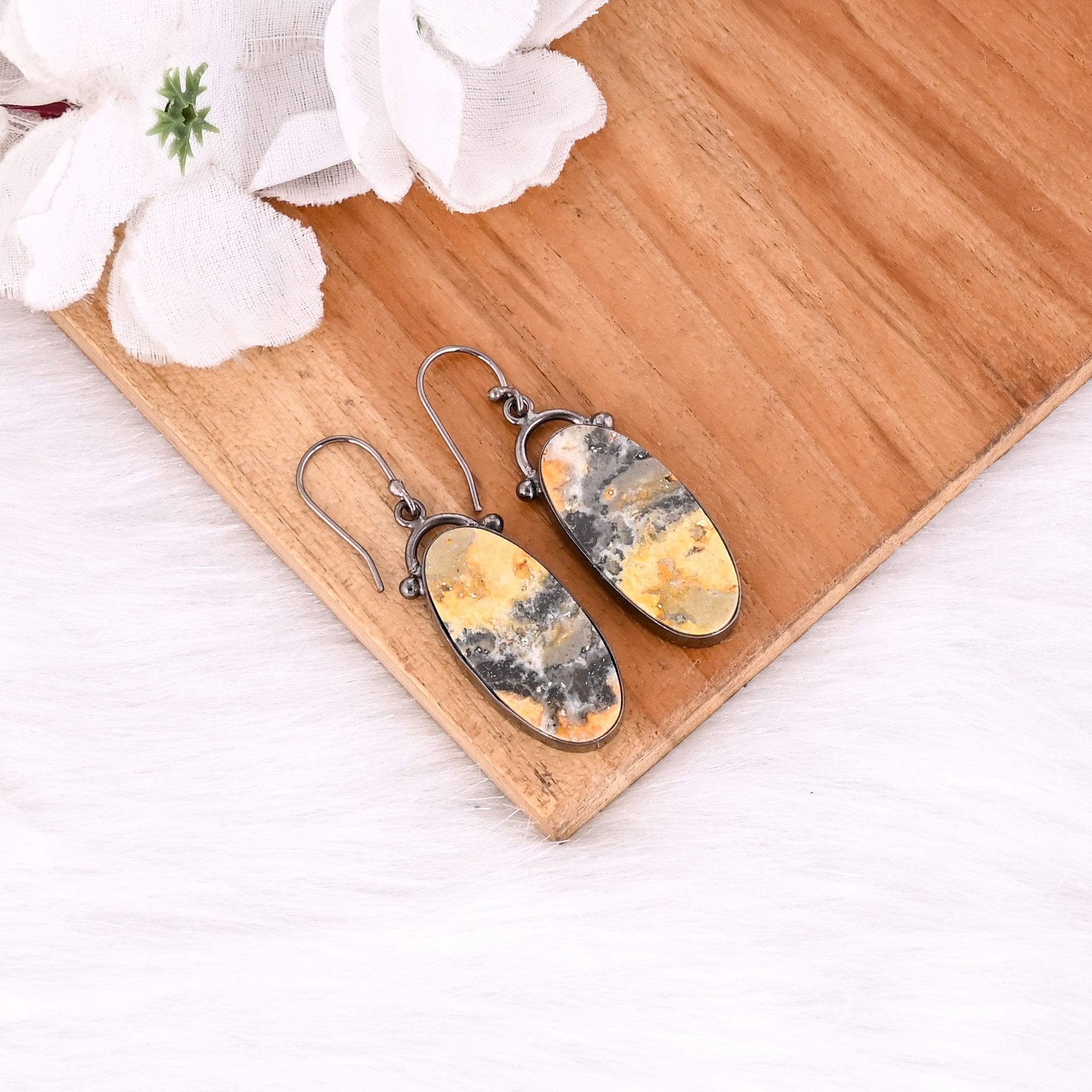 Black Ruthenium Brass Handmade Bumble Bee Jasper Long Oval Gemstone Dangle Earring