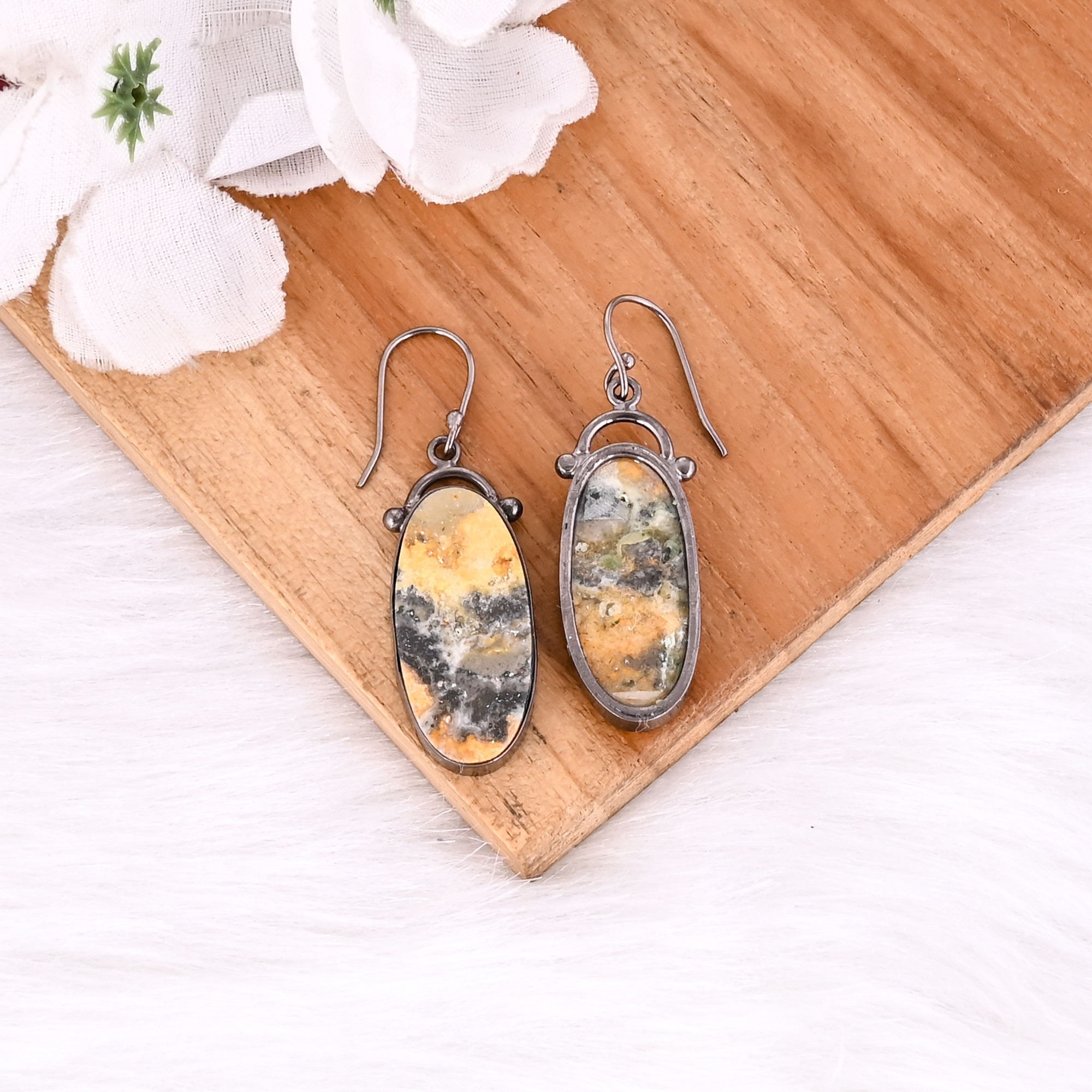 Black Ruthenium Brass Handmade Bumble Bee Jasper Long Oval Gemstone Dangle Earring