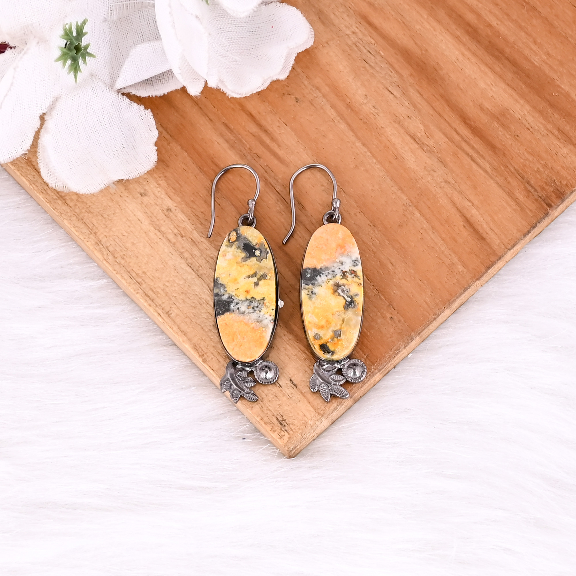 Black Ruthenium Brass Handmade Bumble Bee Jasper Gemstone Women Dangle Earring Latest Earring