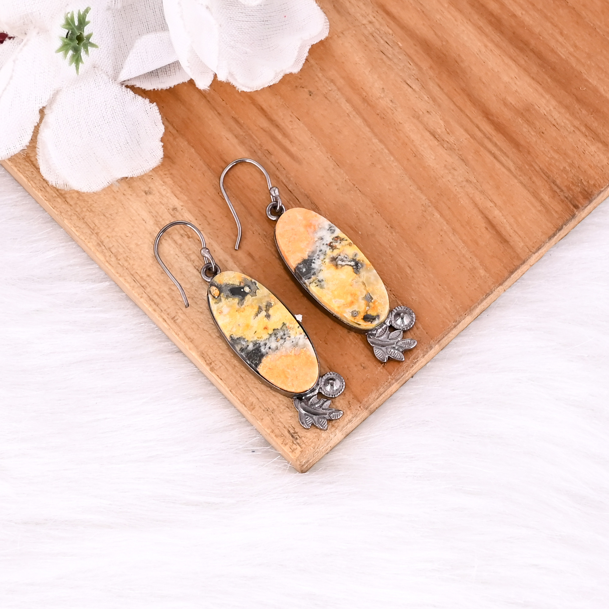 Black Ruthenium Brass Handmade Bumble Bee Jasper Gemstone Women Dangle Earring Latest Earring