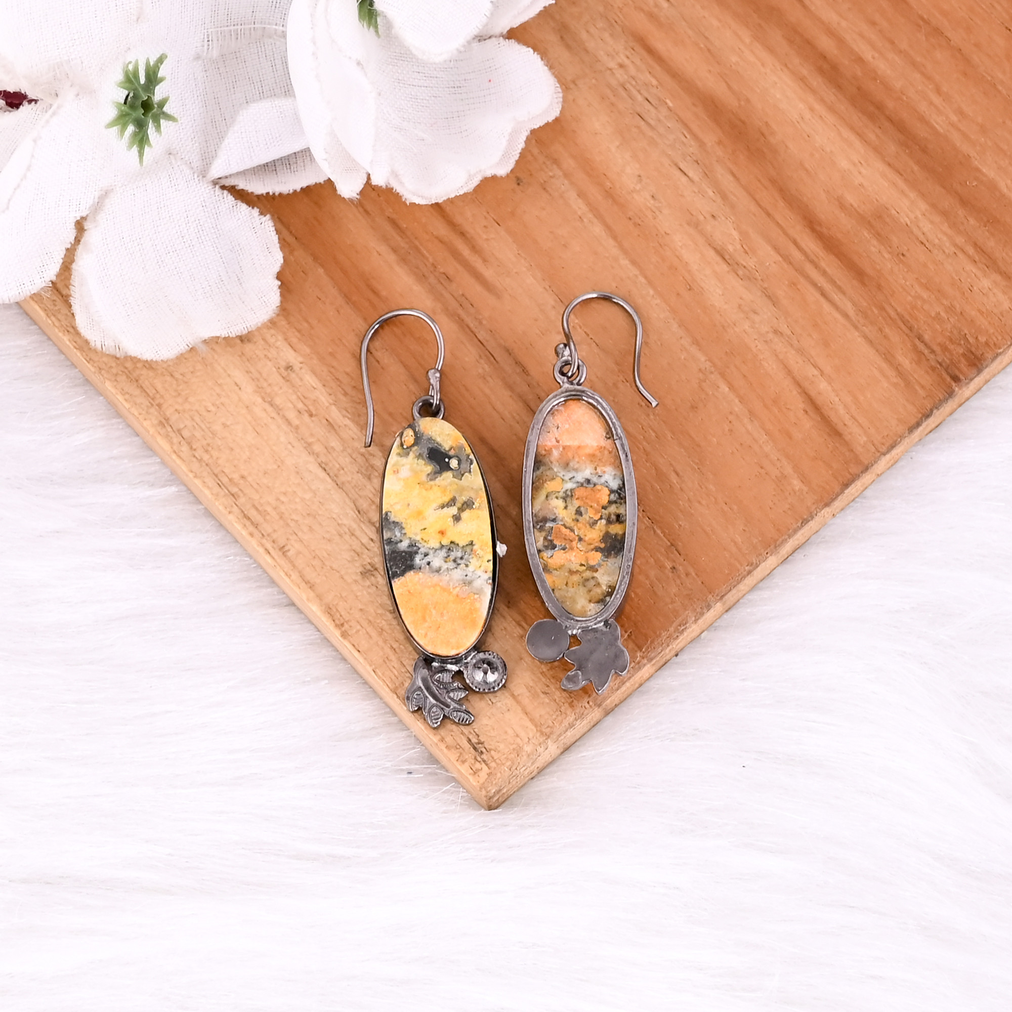 Black Ruthenium Brass Handmade Bumble Bee Jasper Gemstone Women Dangle Earring Latest Earring