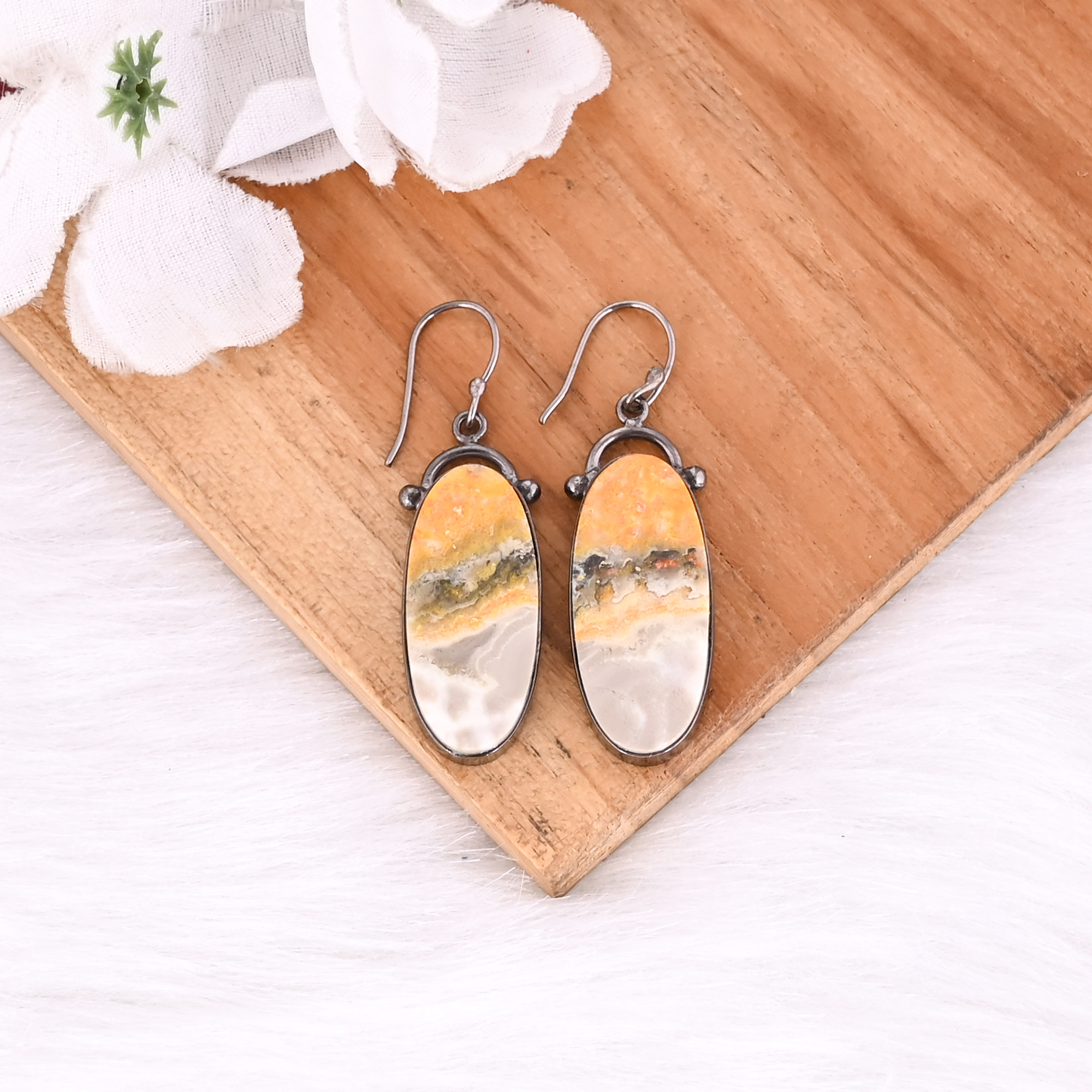 Black Ruthenium Brass Handmade Bumble Bee Jasper Oval Gemstone Dangle Earring Custom Earring