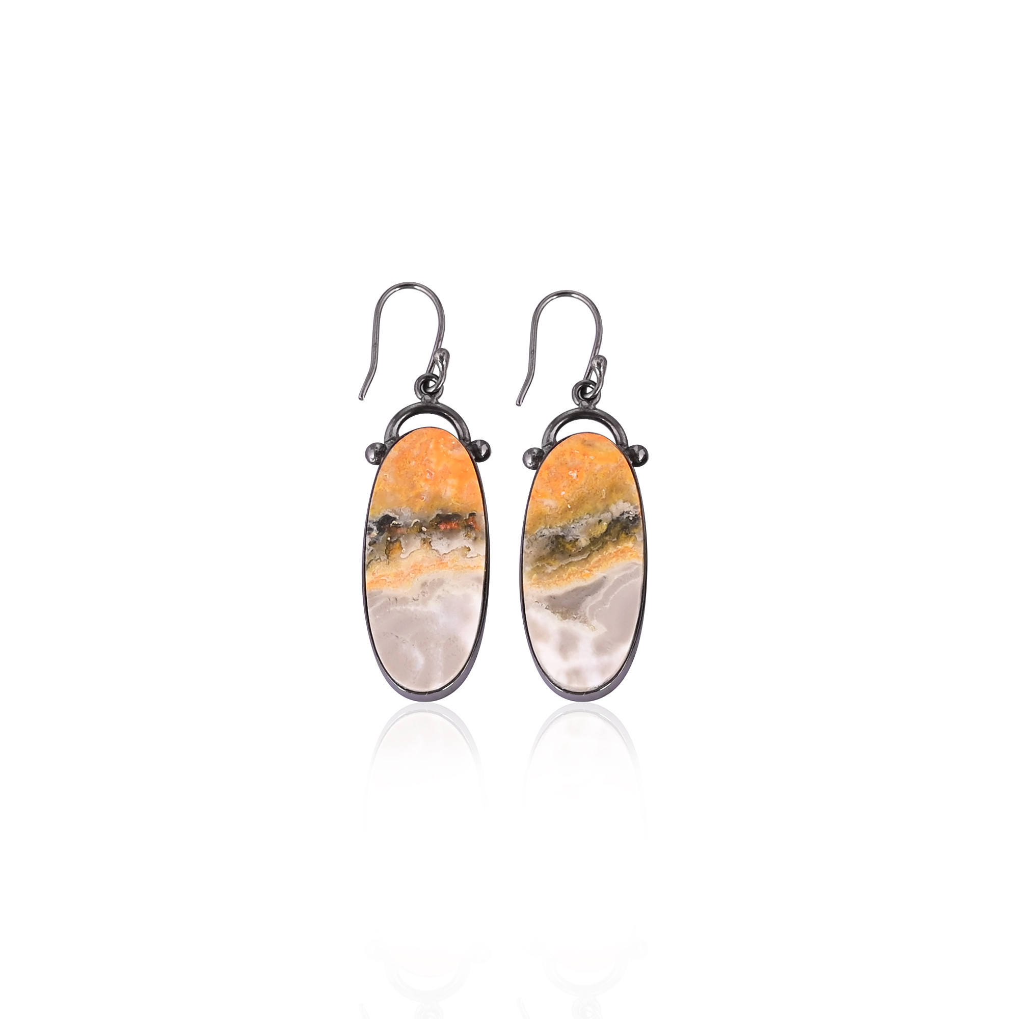 Black Ruthenium Brass Handmade Bumble Bee Jasper Oval Gemstone Dangle Earring Custom Earring