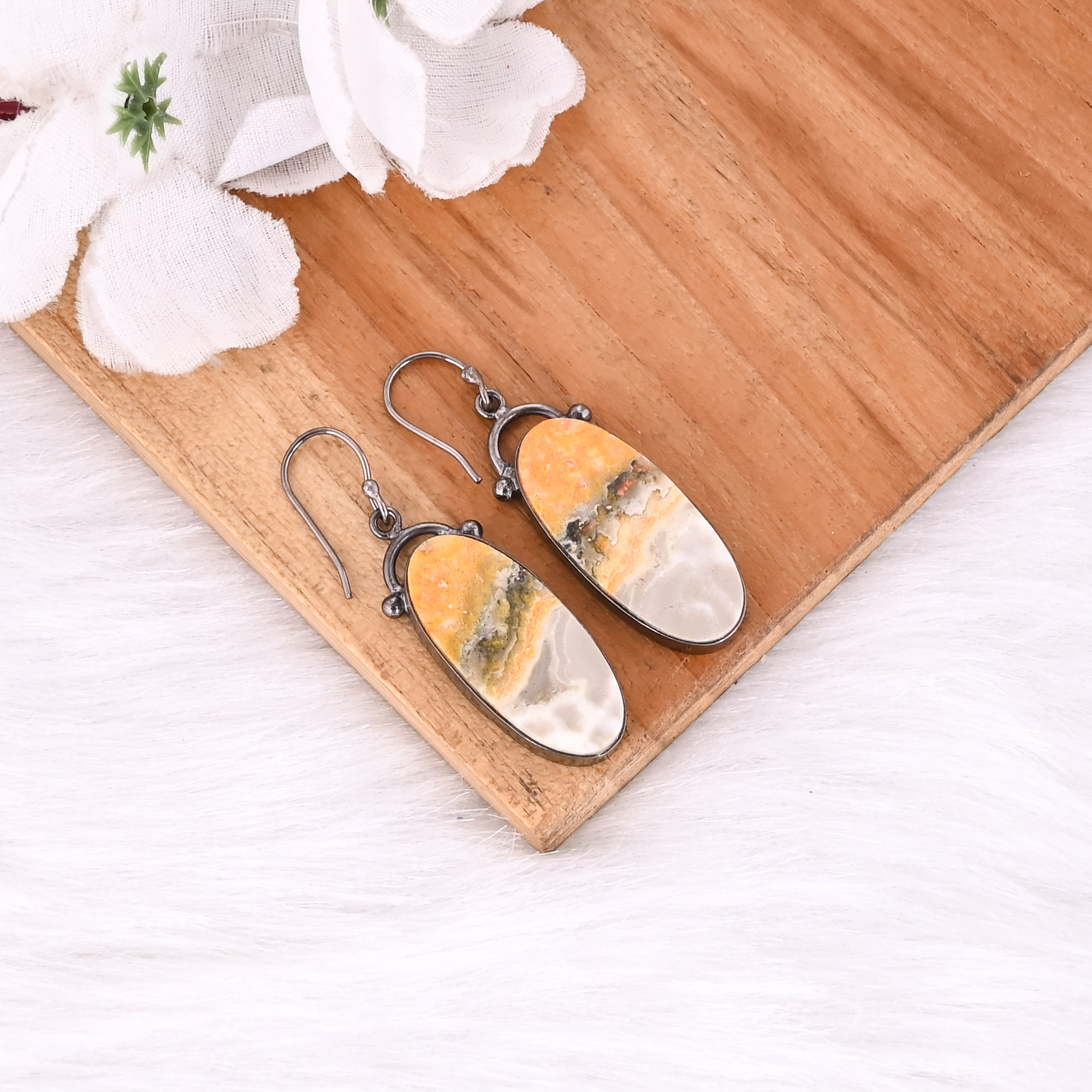 Black Ruthenium Brass Handmade Bumble Bee Jasper Oval Gemstone Dangle Earring Custom Earring