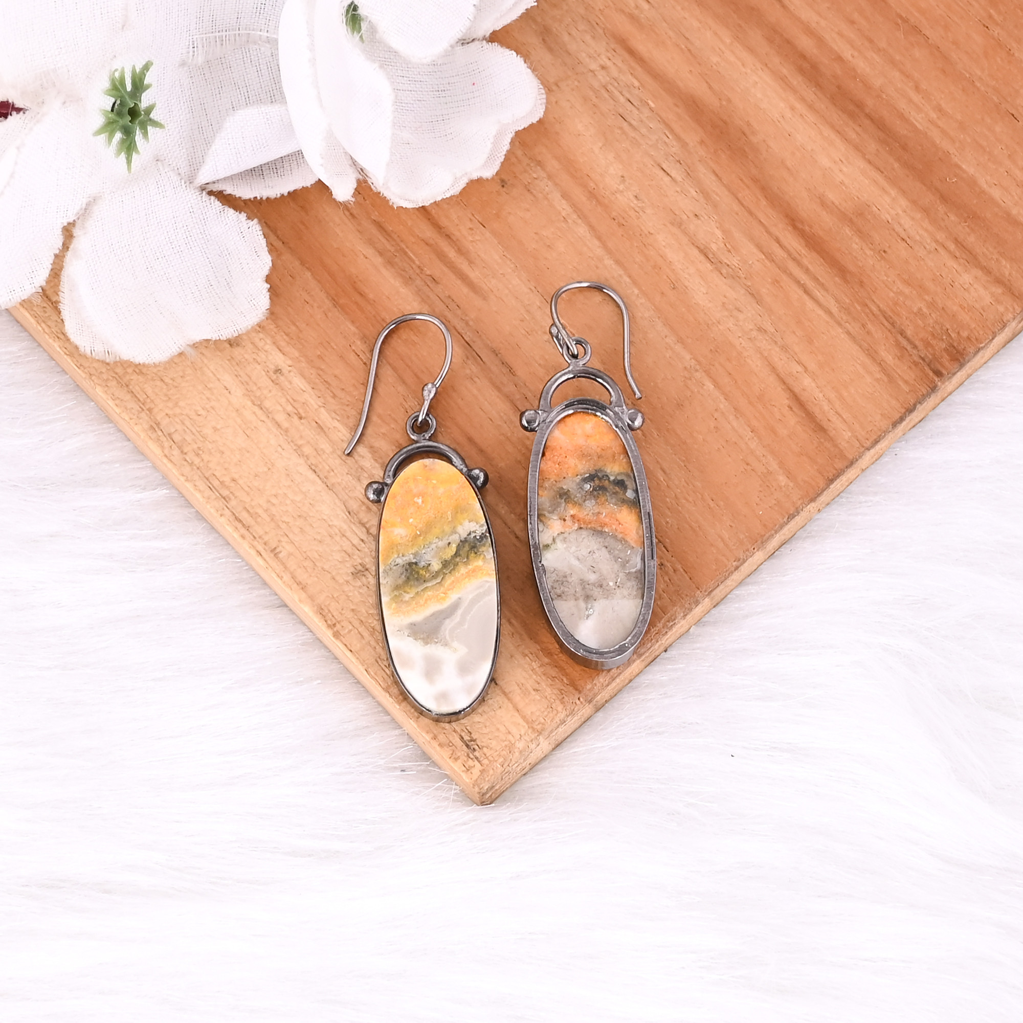 Black Ruthenium Brass Handmade Bumble Bee Jasper Oval Gemstone Dangle Earring Custom Earring