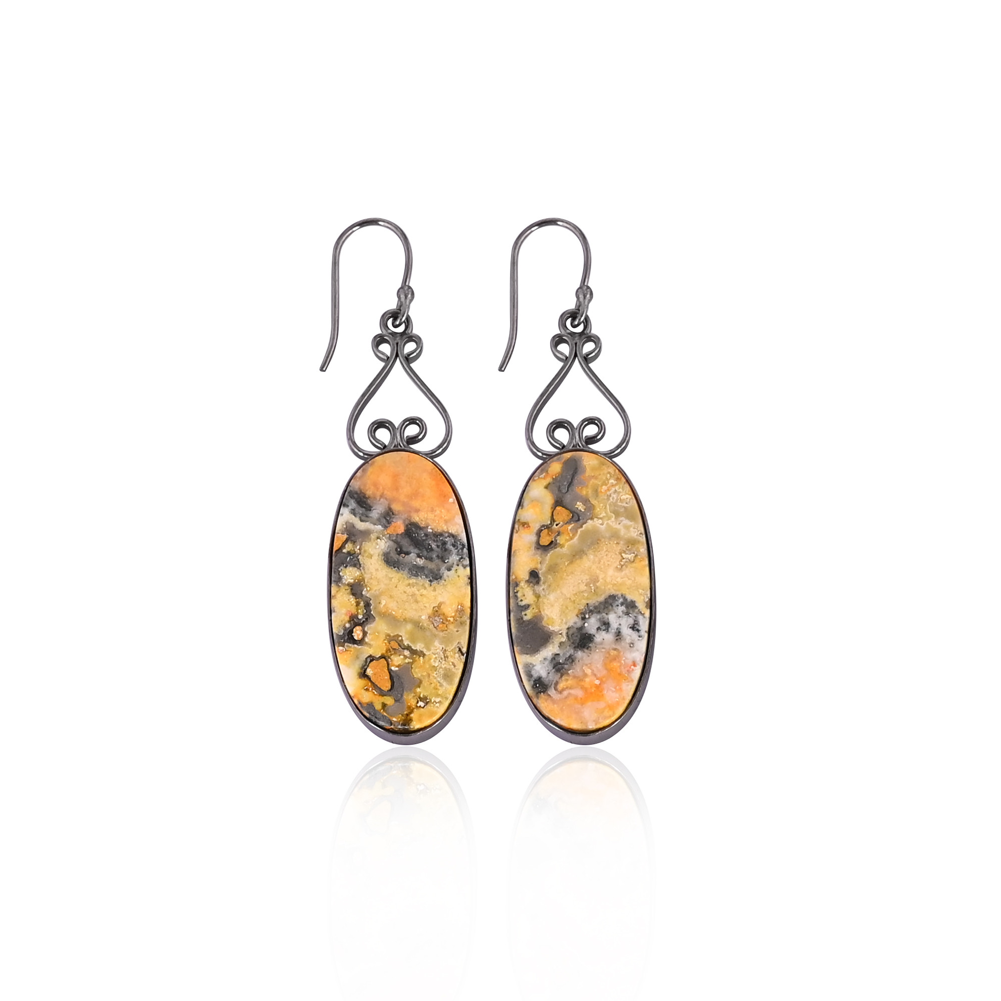 Black Ruthenium Brass Handmade Bumble Bee Jasper Oval Gemstone Dangle Earring Wholesale Jewelry