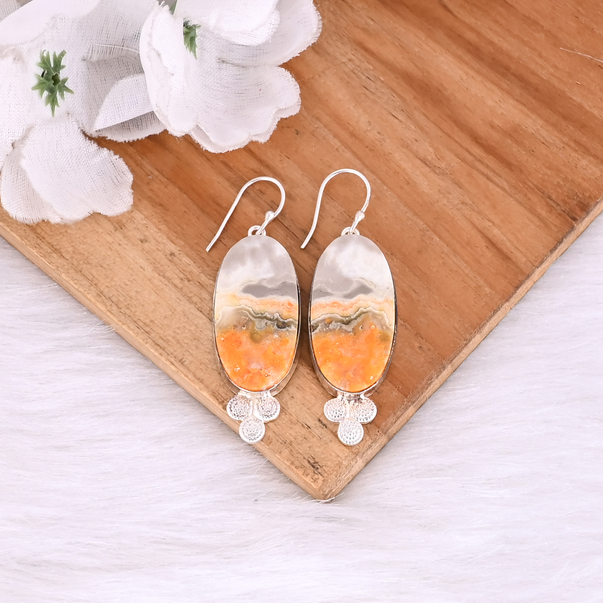 Silver Plated Brass Handmade Bumble Bee Jasper Oval Gemstone Dangle Earring Designer Earrings