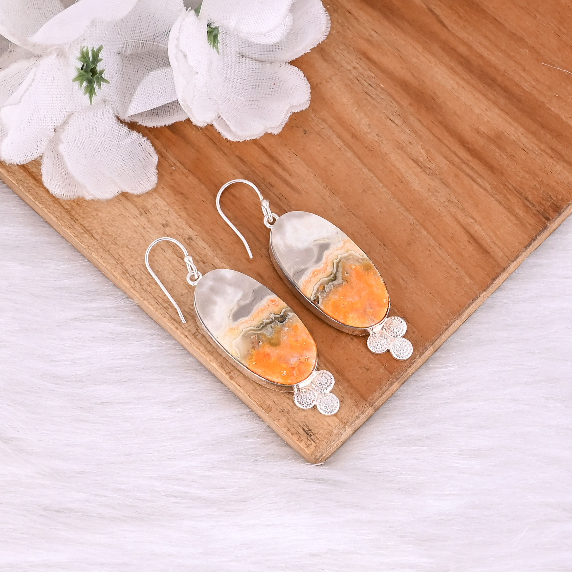 Silver Plated Brass Handmade Bumble Bee Jasper Oval Gemstone Dangle Earring Designer Earrings