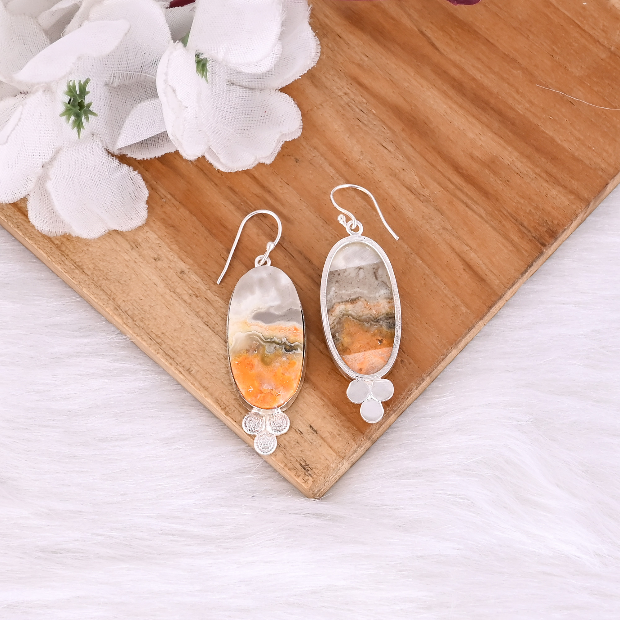 Silver Plated Brass Handmade Bumble Bee Jasper Oval Gemstone Dangle Earring Designer Earrings