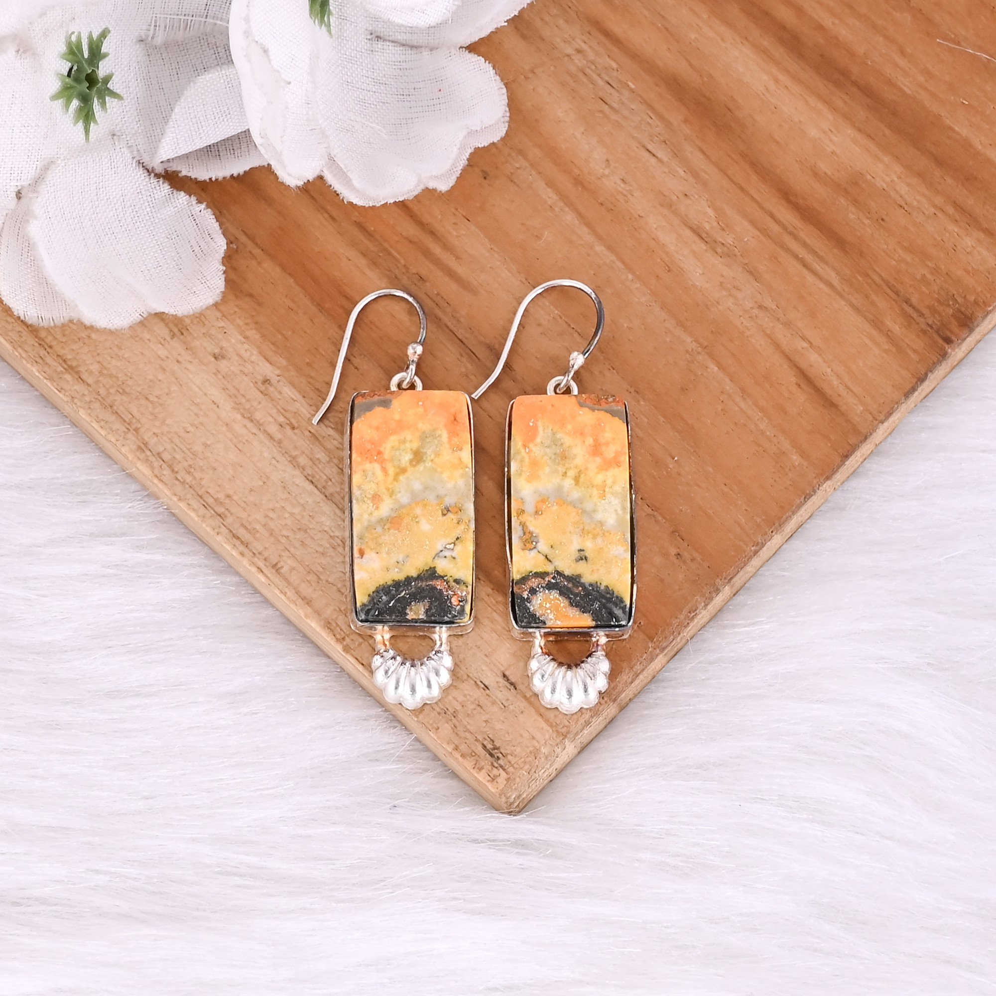 Silver Plated Brass Handmade Bumble Bee Jasper Rectangle Shape Gemstone Brass Dangle Earring Fashionable Earring