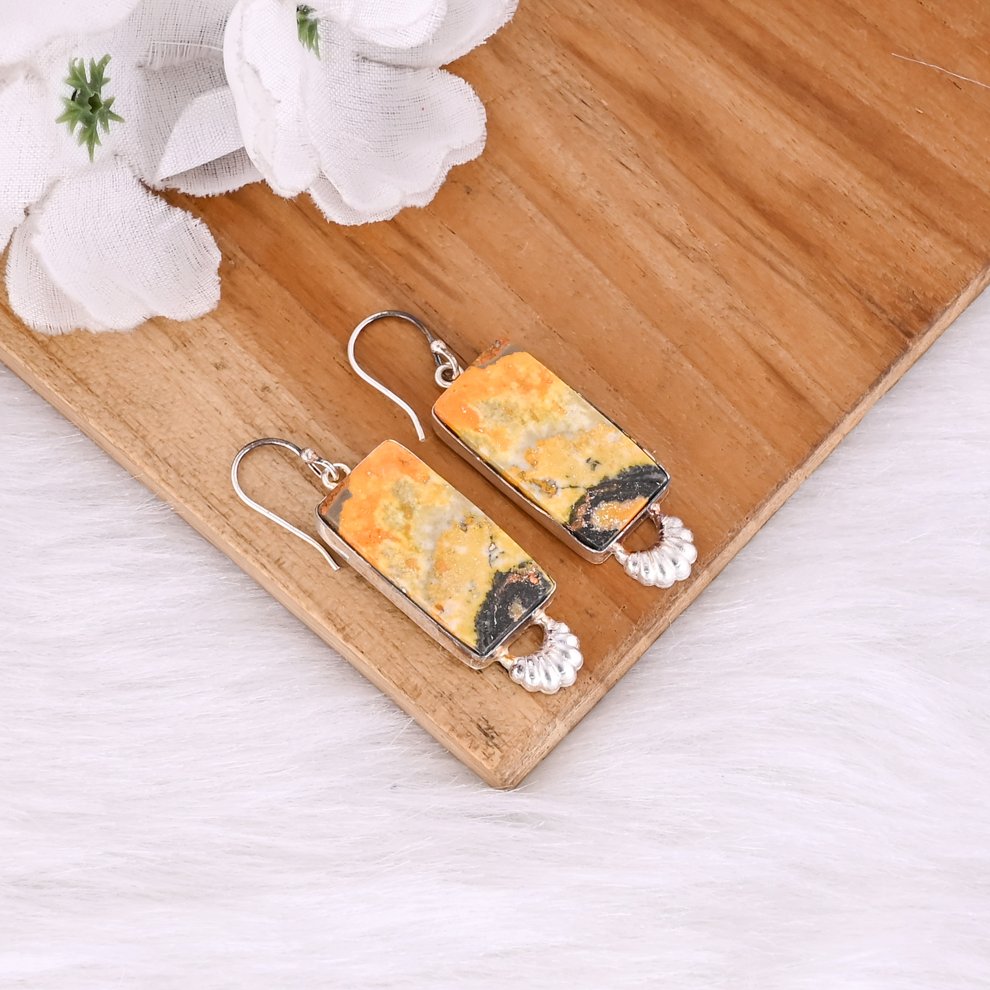Silver Plated Brass Handmade Bumble Bee Jasper Rectangle Shape Gemstone Brass Dangle Earring Fashionable Earring