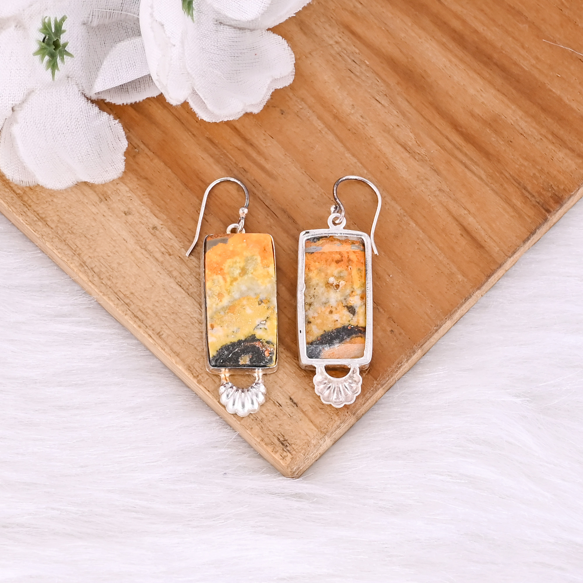 Silver Plated Brass Handmade Bumble Bee Jasper Rectangle Shape Gemstone Brass Dangle Earring Fashionable Earring