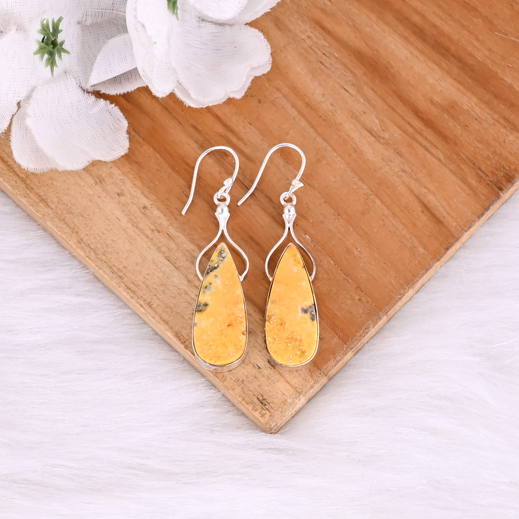 Bumble Bee Jasper Pear Gemstone Brass Silver Plated Earring Handmade Charm Jewelry