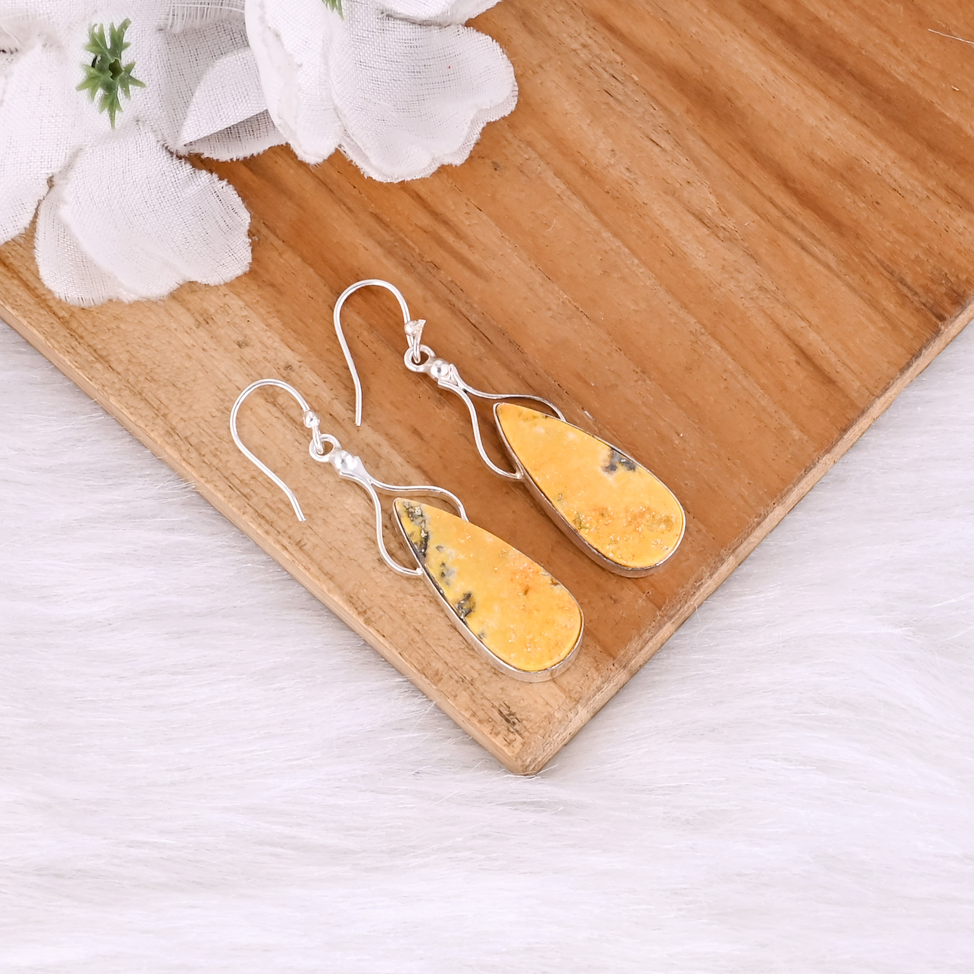 Bumble Bee Jasper Pear Gemstone Brass Silver Plated Earring Handmade Charm Jewelry