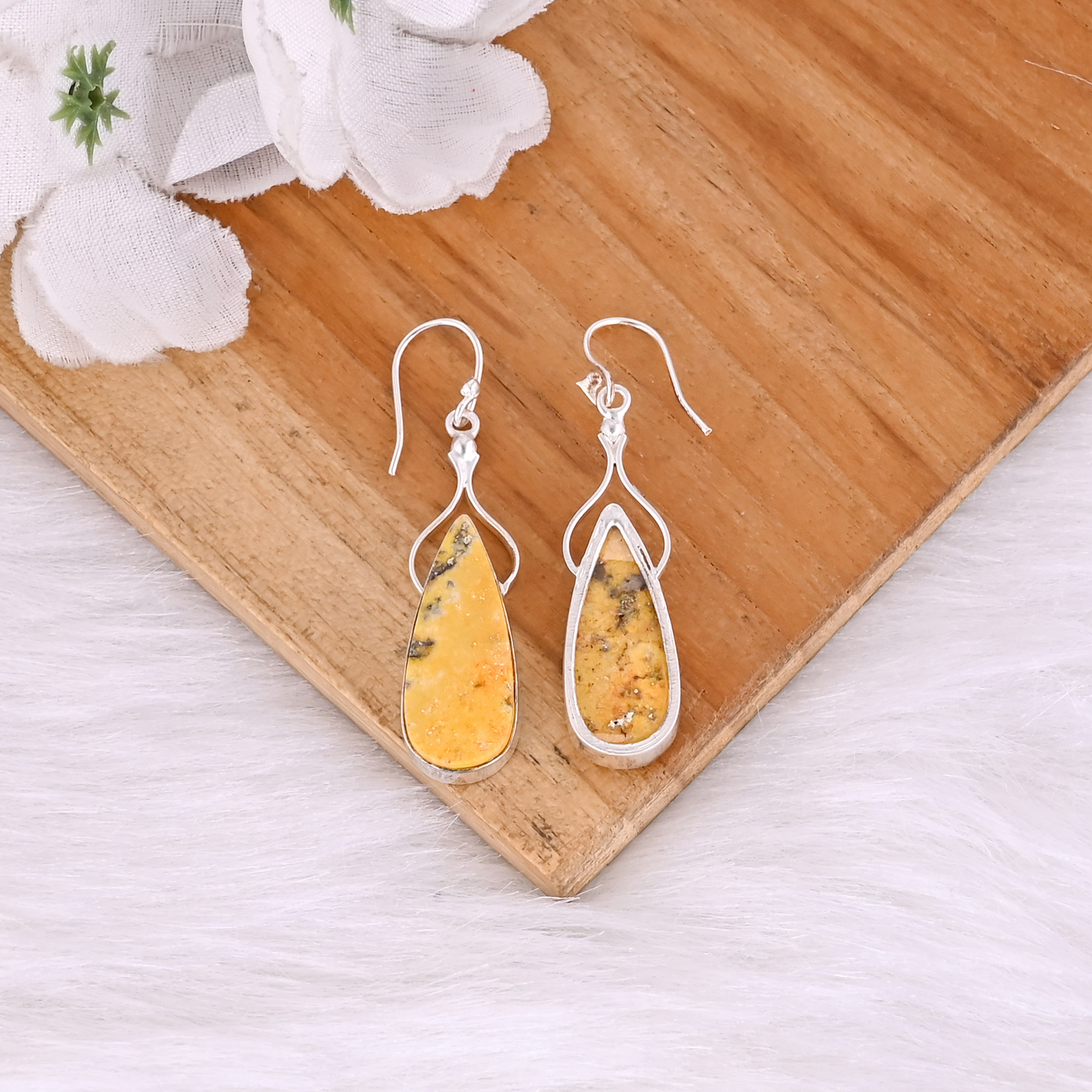 Bumble Bee Jasper Pear Gemstone Brass Silver Plated Earring Handmade Charm Jewelry