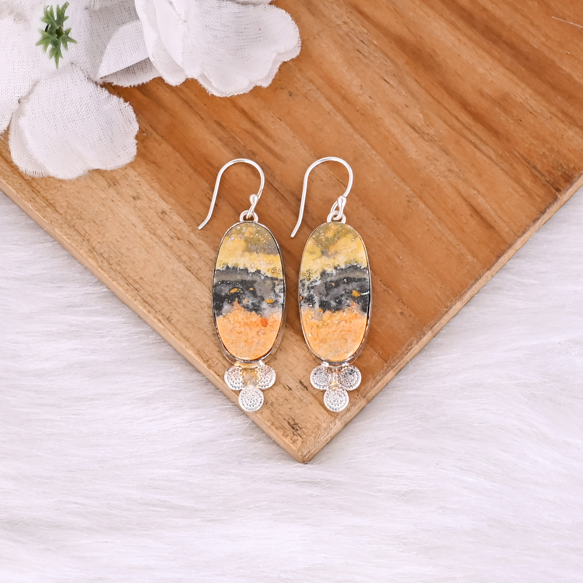 Silver Plated Brass Handmade Bumble Bee Jasper Oval Gemstone Dangle Earring Wholesale Jewelry