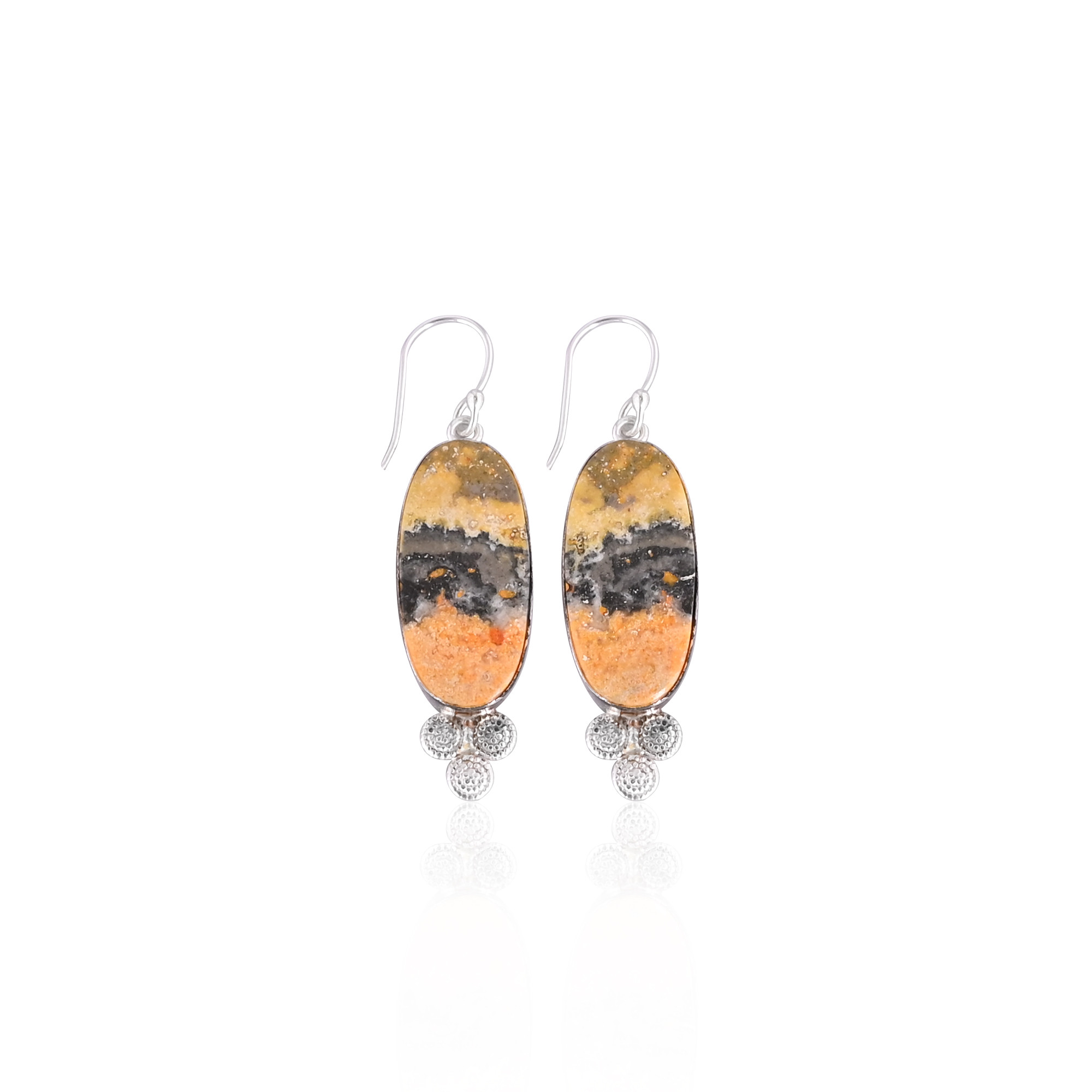 Silver Plated Brass Handmade Bumble Bee Jasper Oval Gemstone Dangle Earring Wholesale Jewelry