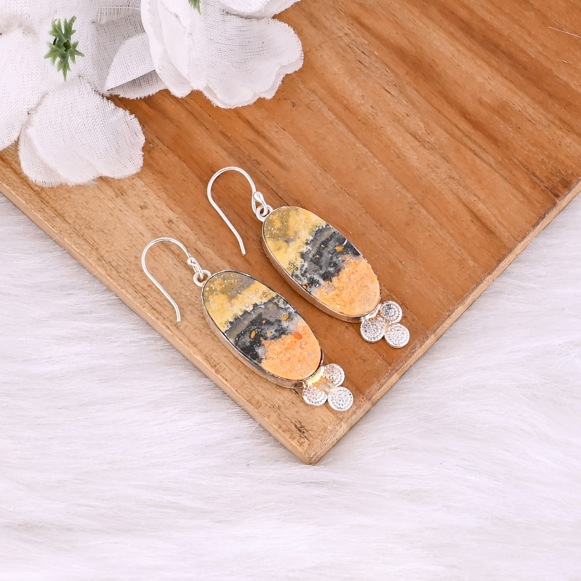 Silver Plated Brass Handmade Bumble Bee Jasper Oval Gemstone Dangle Earring Wholesale Jewelry