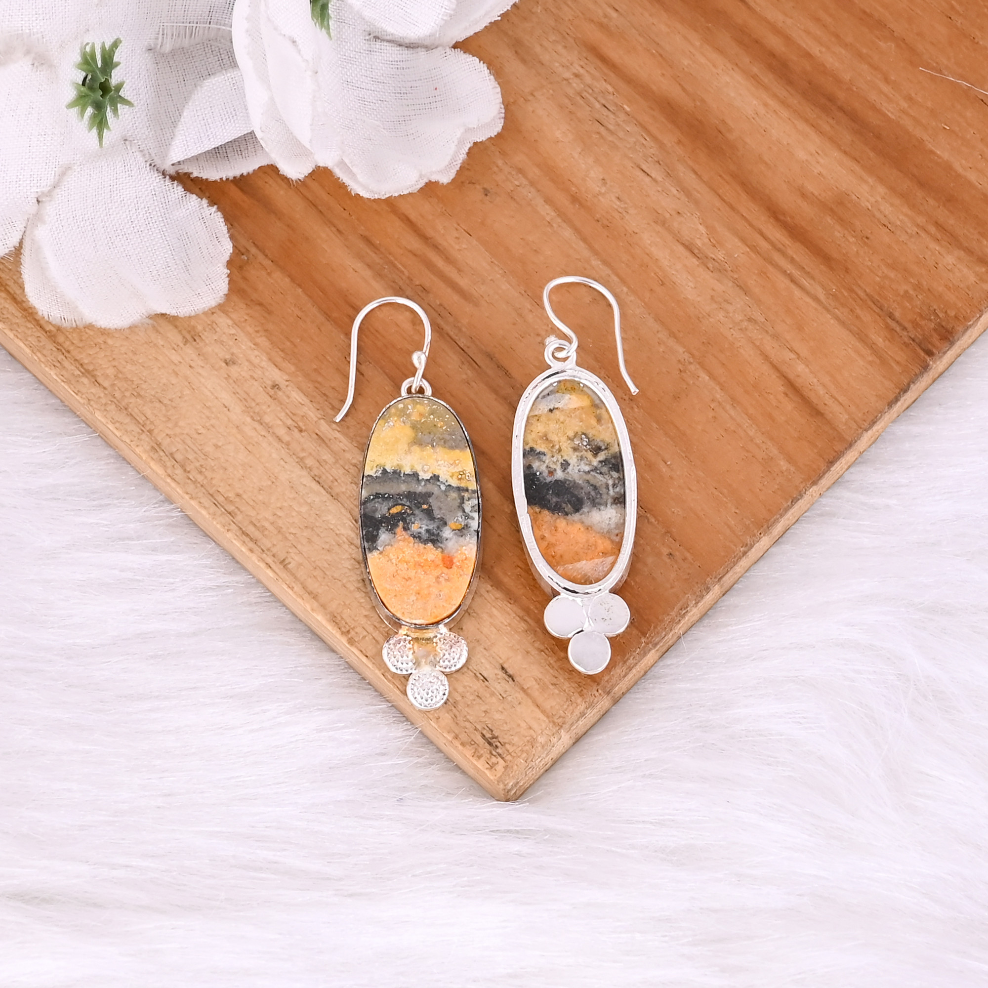 Silver Plated Brass Handmade Bumble Bee Jasper Oval Gemstone Dangle Earring Wholesale Jewelry