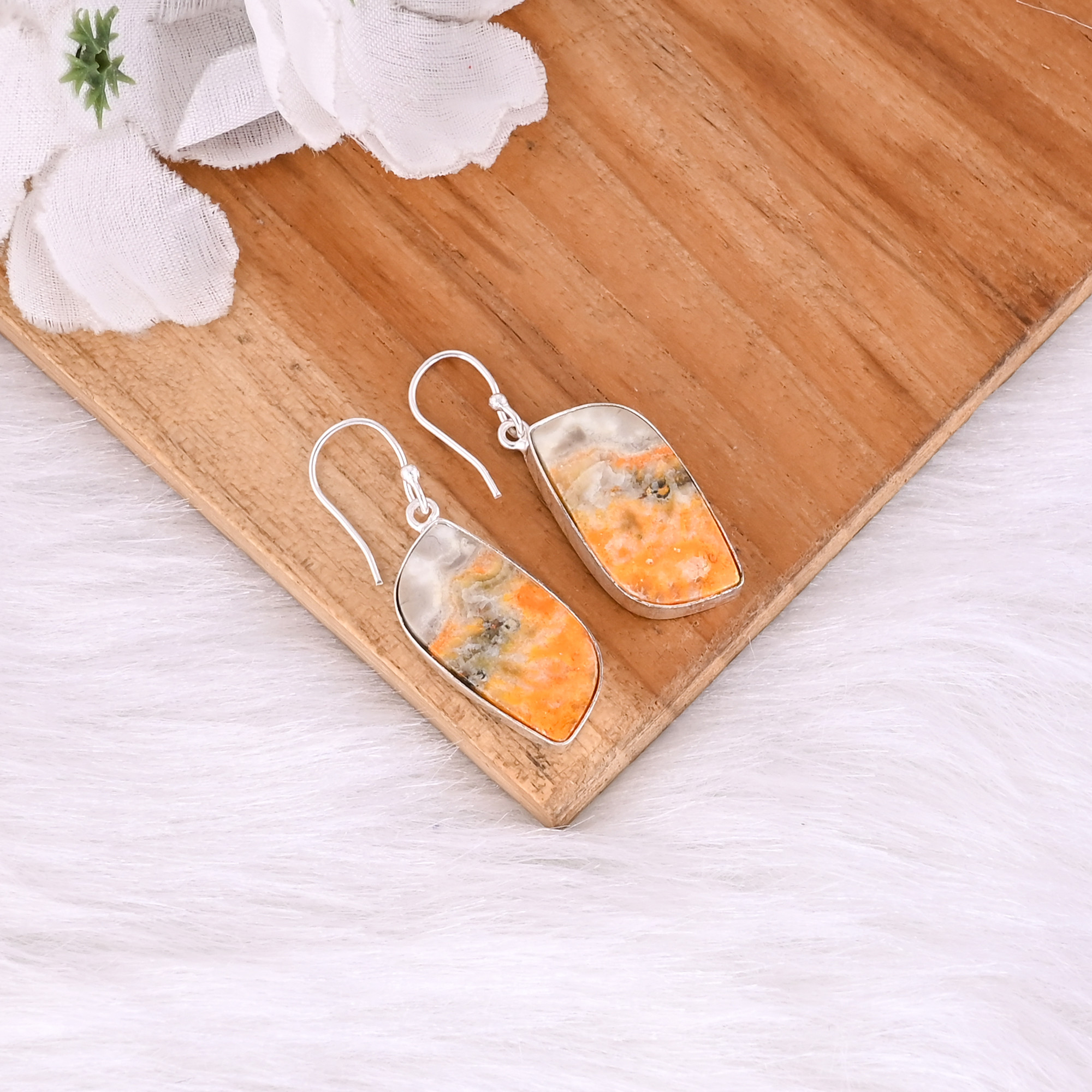 Silver Plated Brass Handmade Bumble Bee Jasper Gemstone Earring Brass Women Earrings