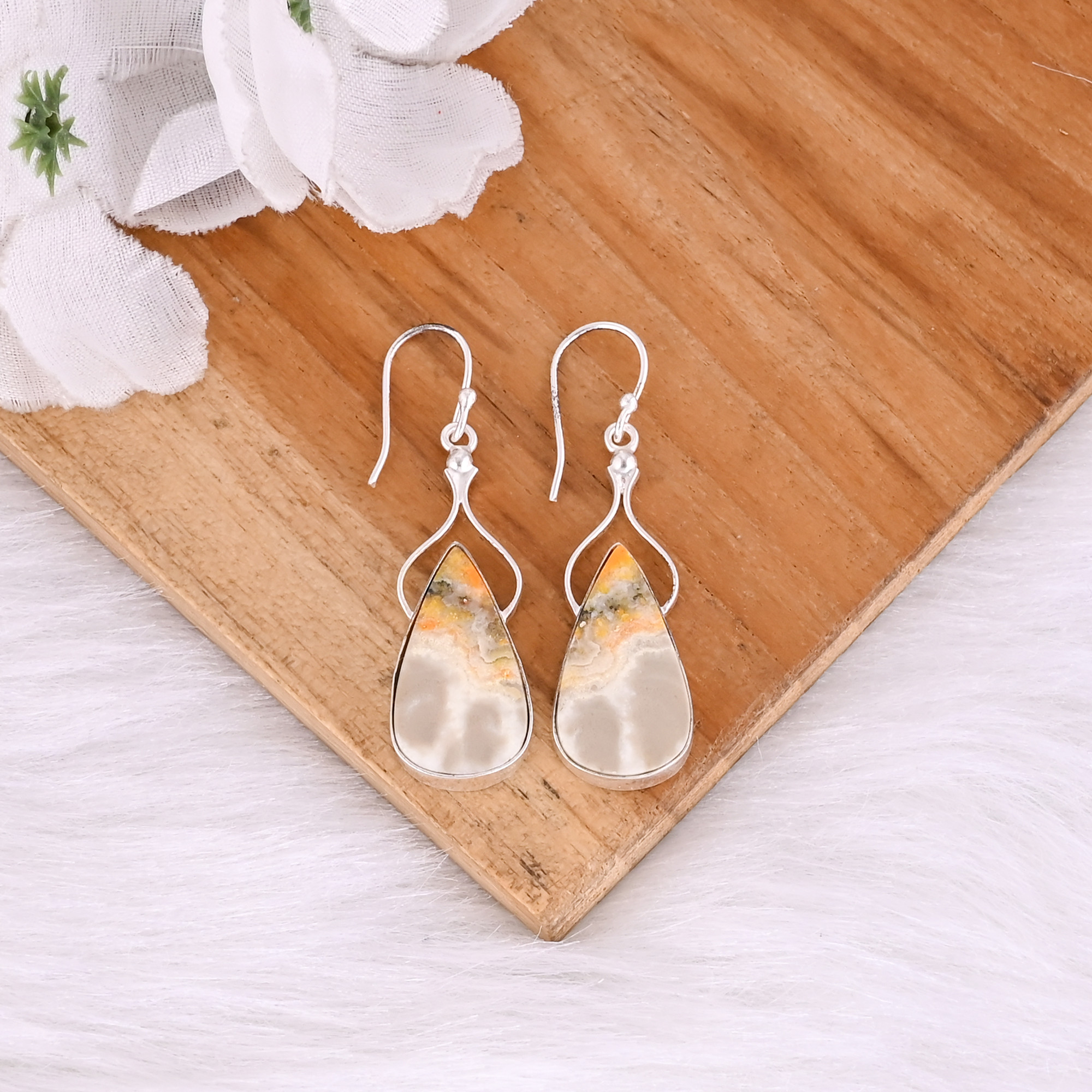 Silver Plated Brass Handmade Bumble Bee Jasper Pear Gemstone Dangle Earring Bridesmaid Gift