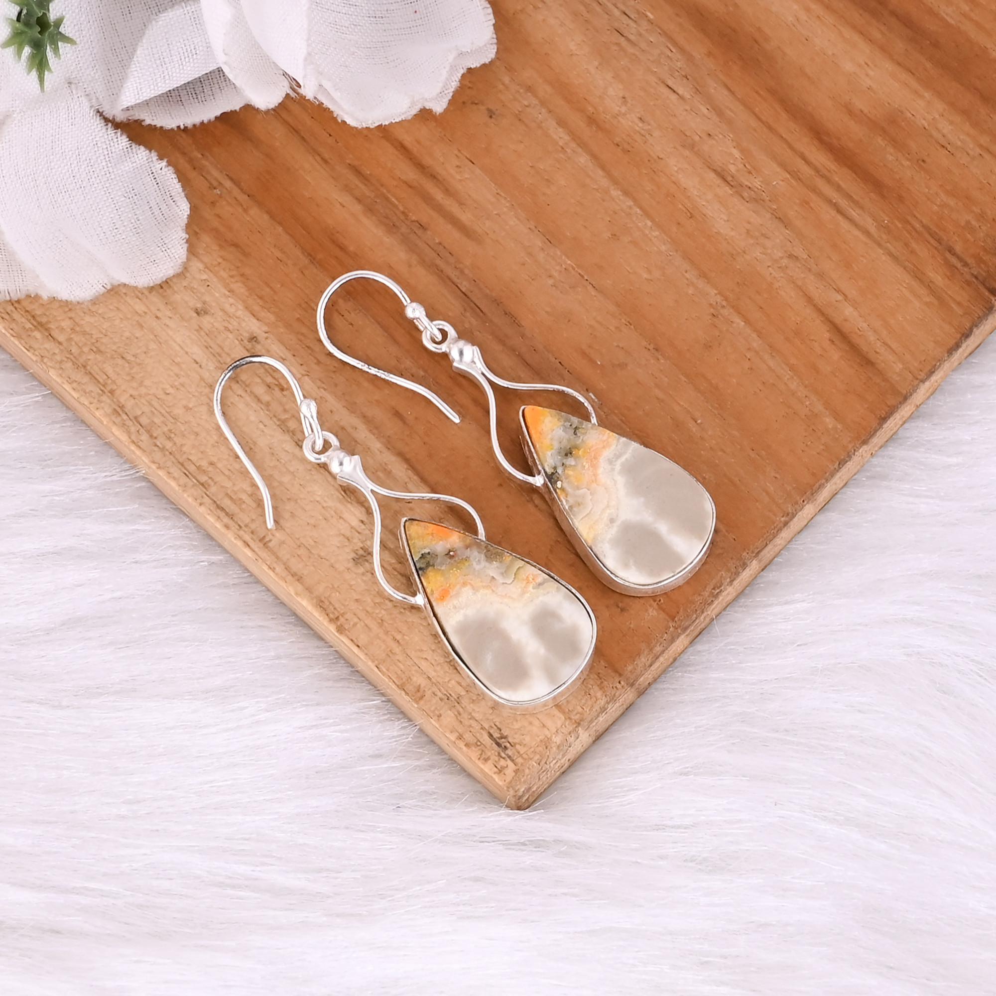 Silver Plated Brass Handmade Bumble Bee Jasper Pear Gemstone Dangle Earring Bridesmaid Gift