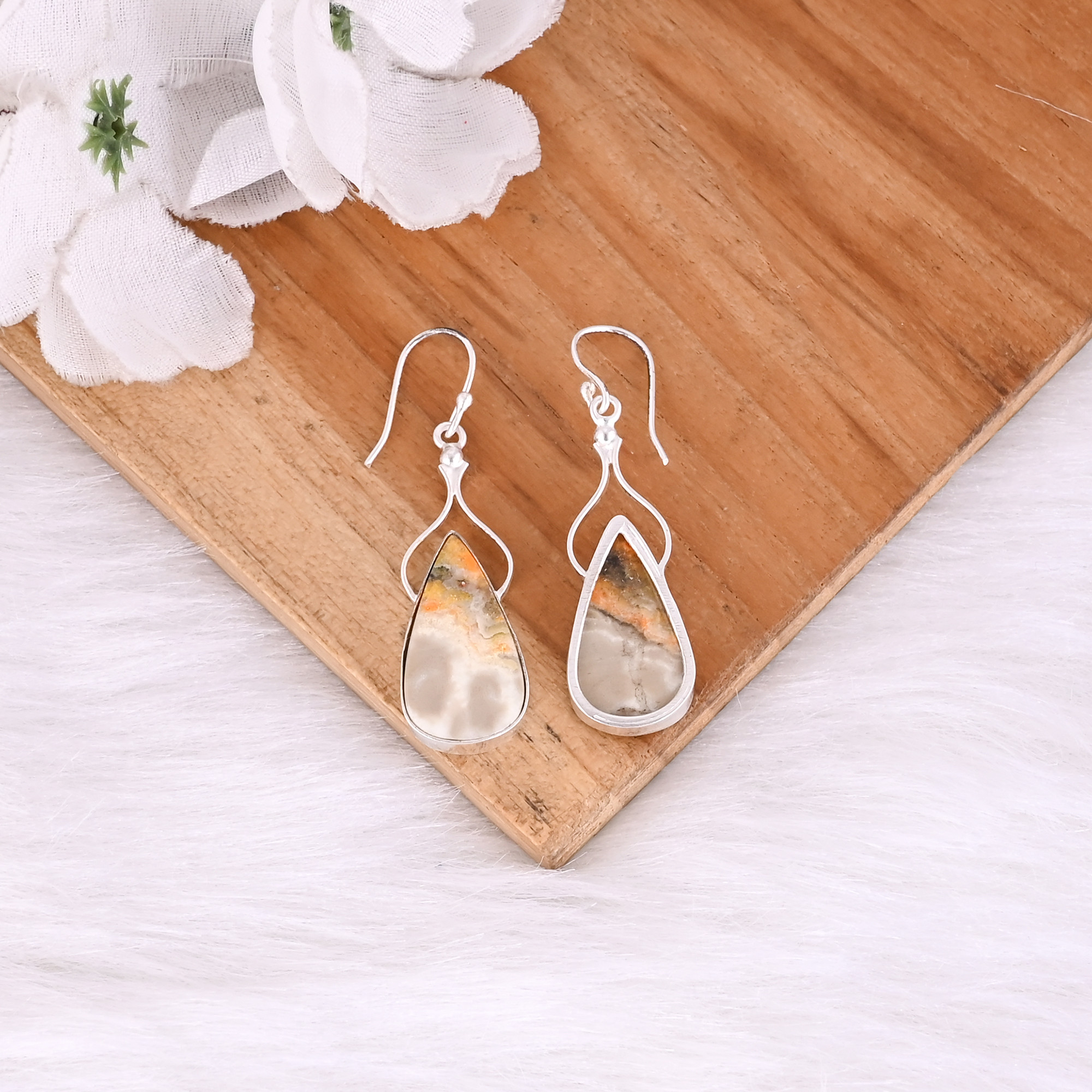 Silver Plated Brass Handmade Bumble Bee Jasper Pear Gemstone Dangle Earring Bridesmaid Gift