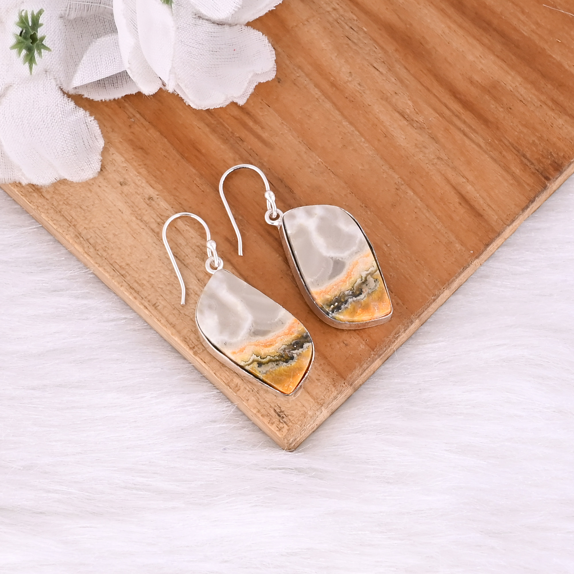Silver Plated Brass Handmade Bumble Bee Jasper Gemstone Dangle Earring Designer Earrings Brass