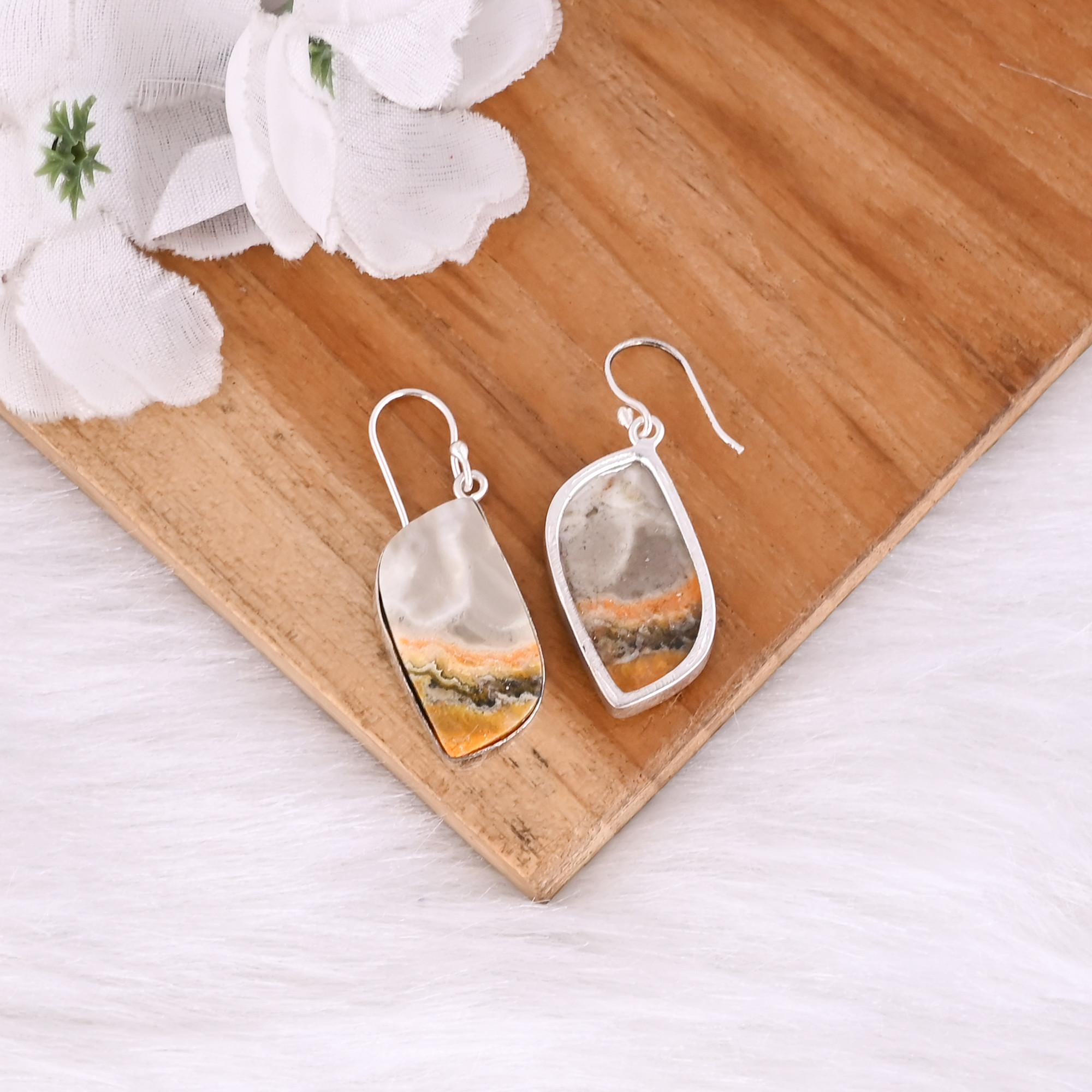 Silver Plated Brass Handmade Bumble Bee Jasper Gemstone Dangle Earring Designer Earrings Brass