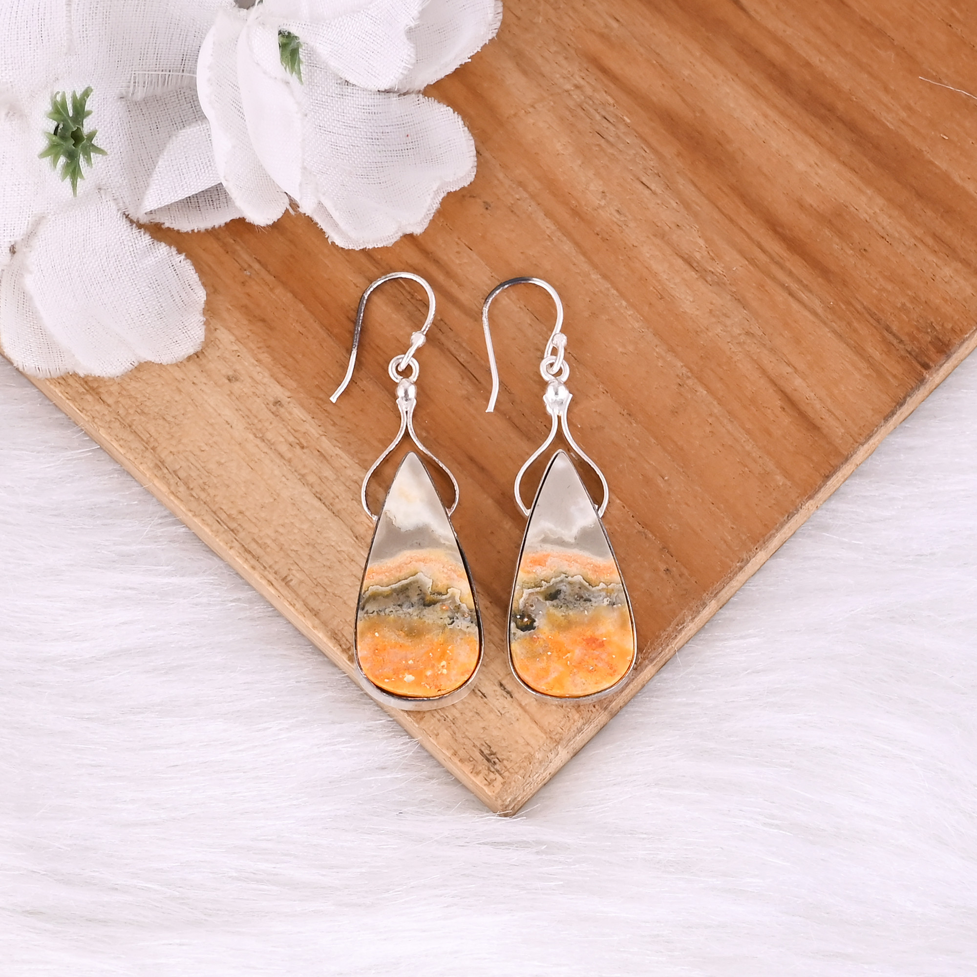 Bumble Bee Jasper Pear Gemstone Brass Silver Plated Earring Handmade Earring Dangle Earring