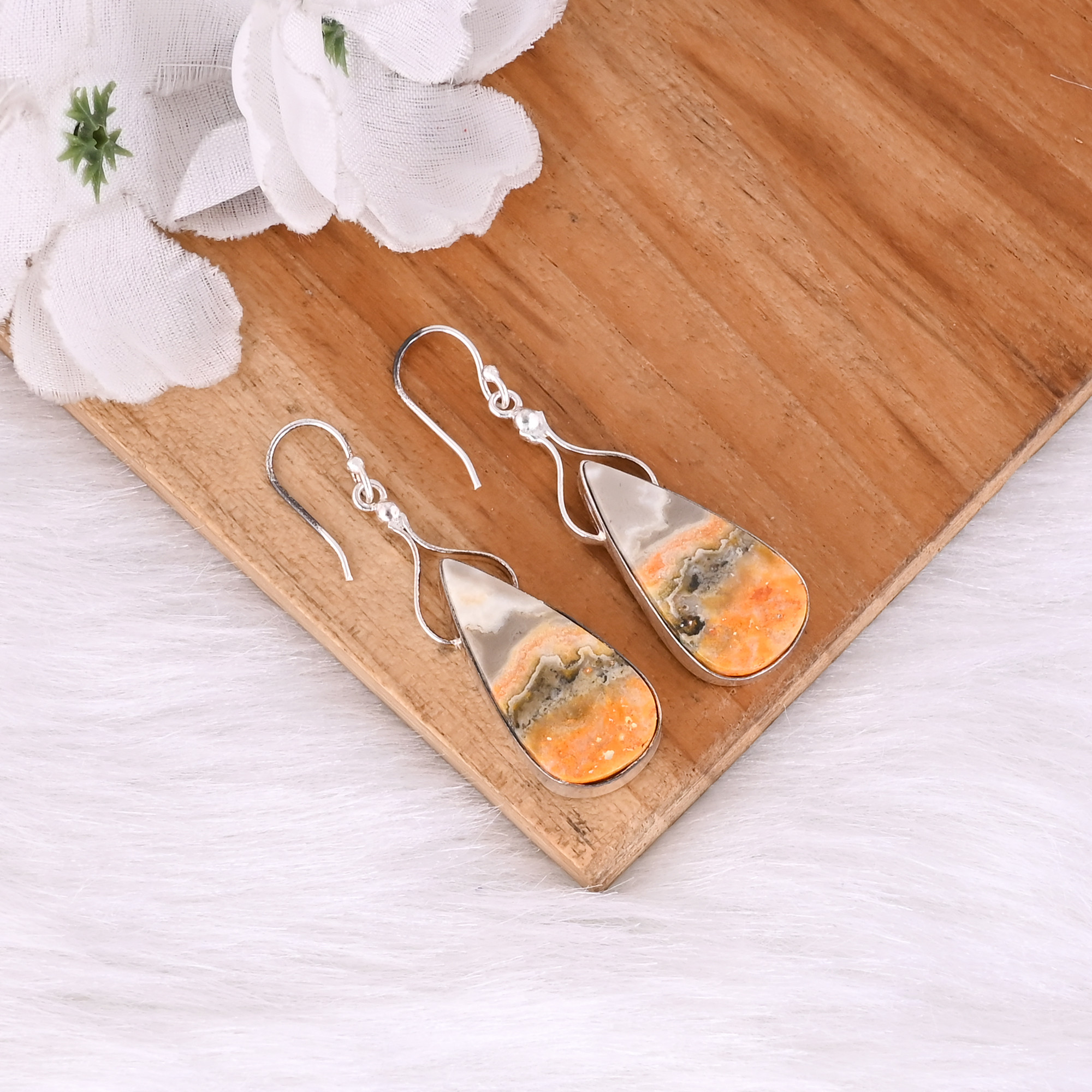 Bumble Bee Jasper Pear Gemstone Brass Silver Plated Earring Handmade Earring Dangle Earring