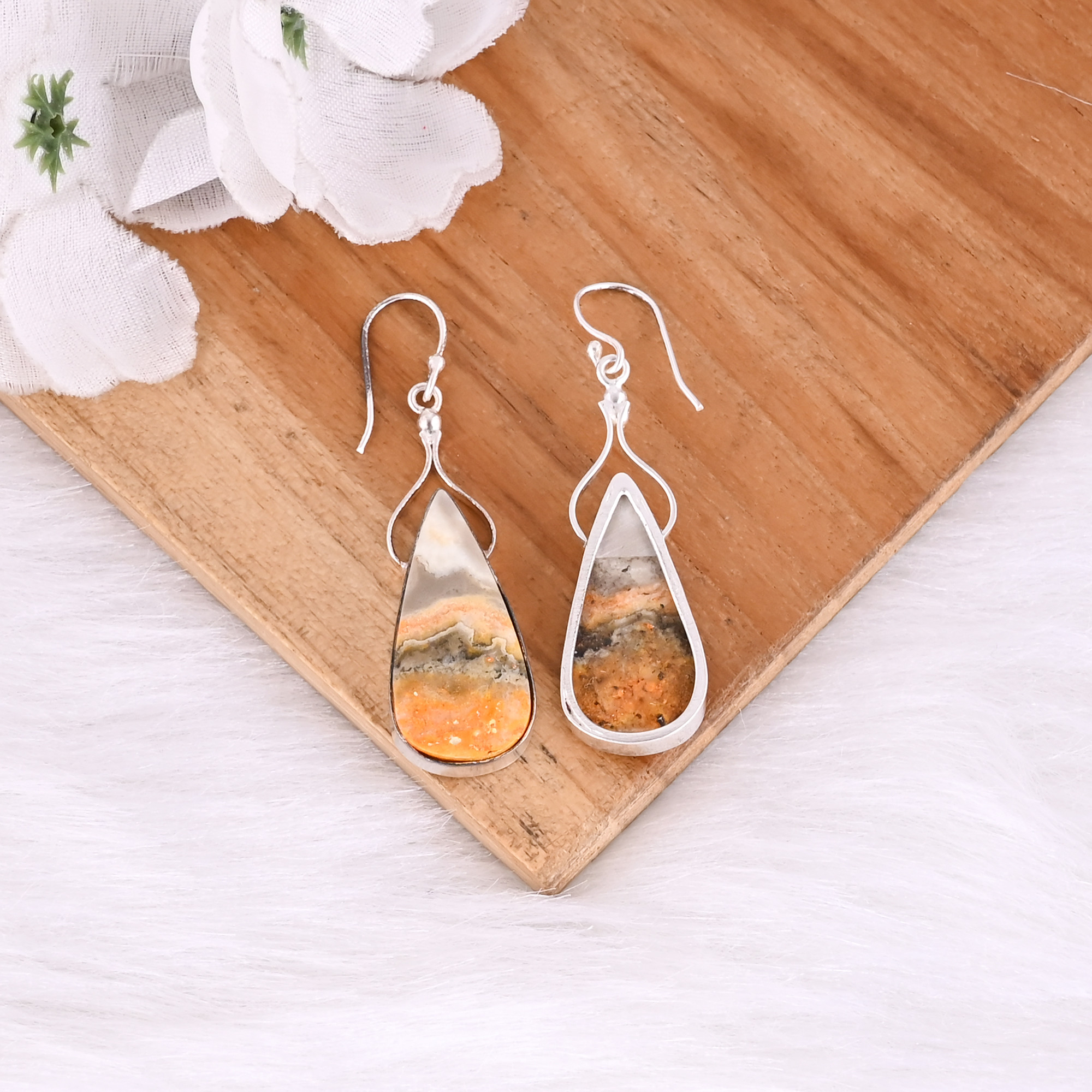 Bumble Bee Jasper Pear Gemstone Brass Silver Plated Earring Handmade Earring Dangle Earring