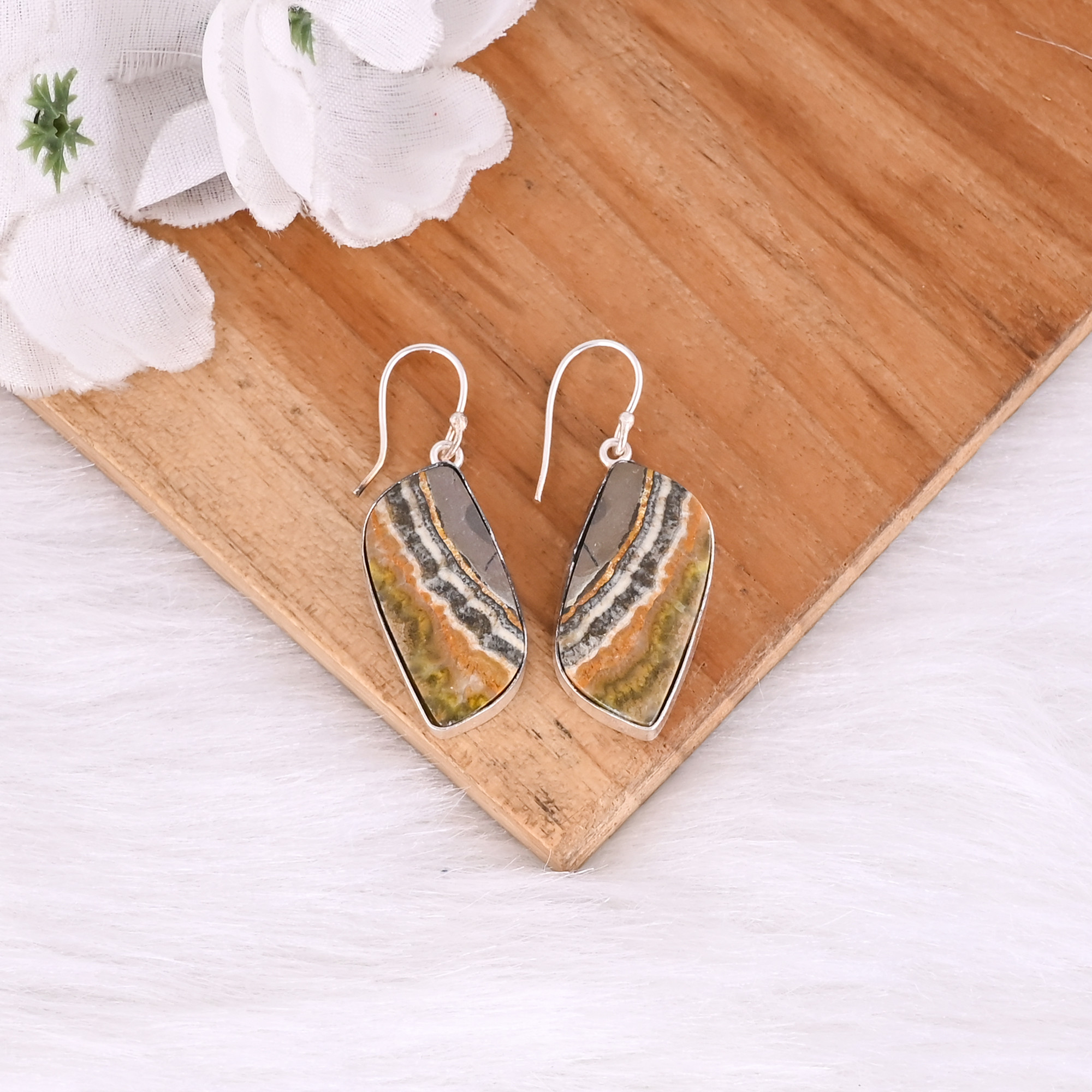 Bumble Bee Jasper Oval Gemstone Brass Silver Plated Earring Handmade Charm Jewelry