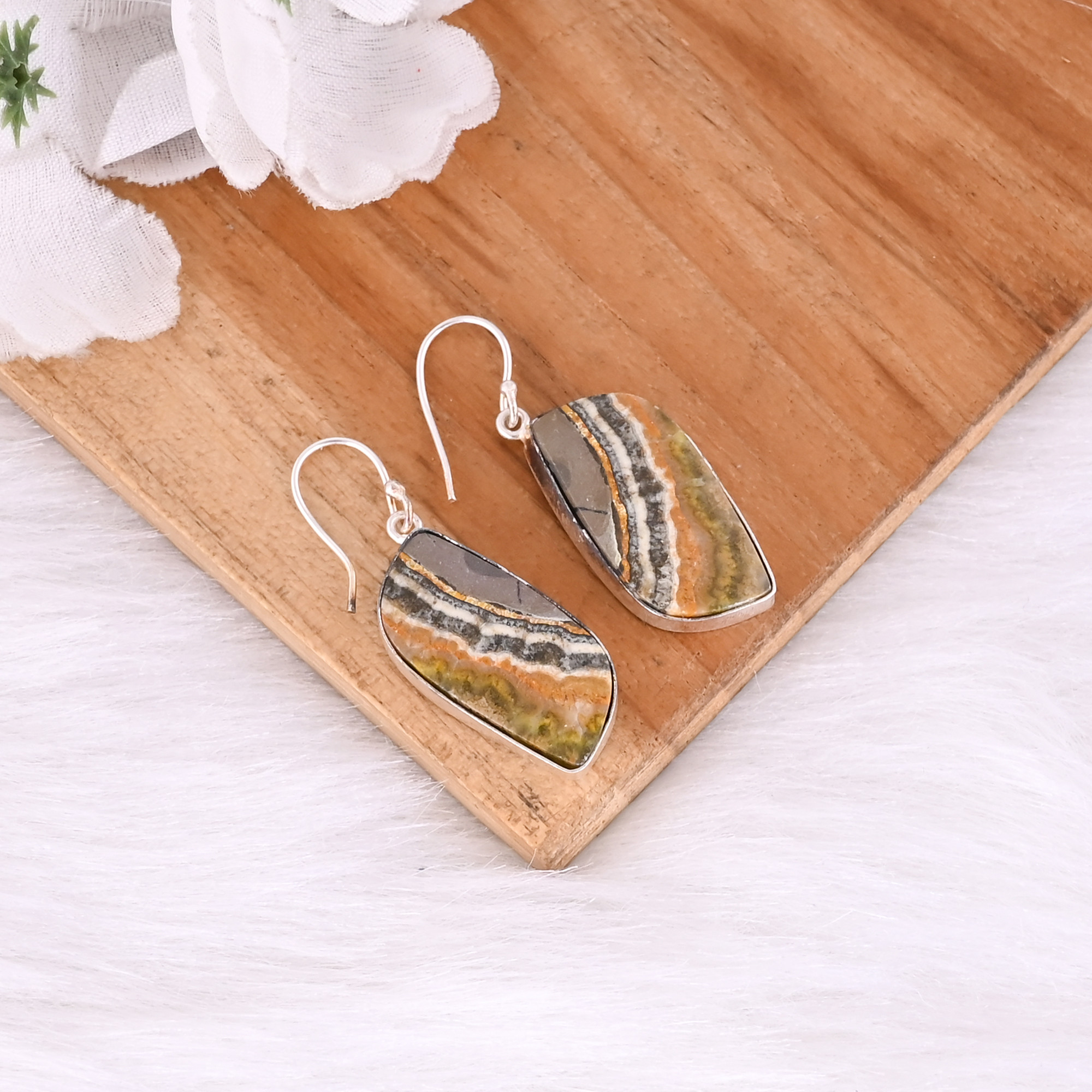 Bumble Bee Jasper Oval Gemstone Brass Silver Plated Earring Handmade Charm Jewelry